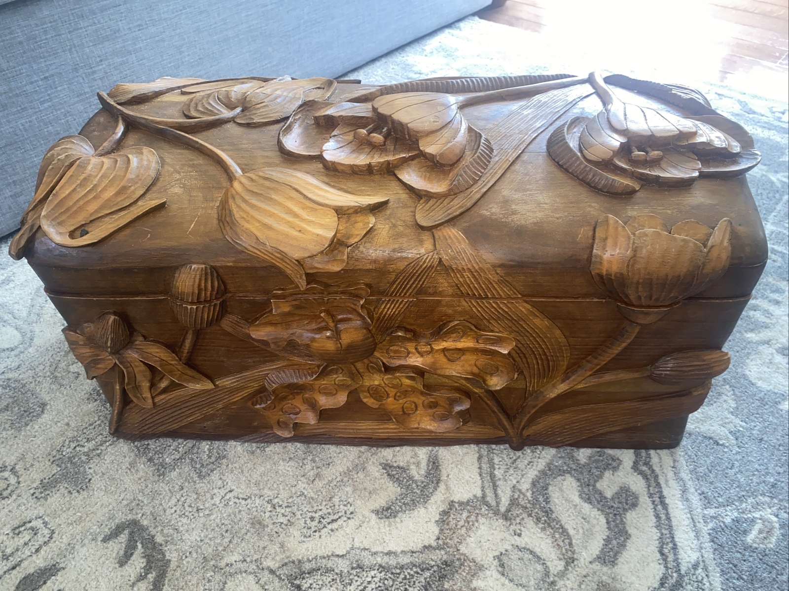 Antique Large Hand Carved Wooden Box , Floral Design Antique Large Hand Carved Wooden Box , Floral Design