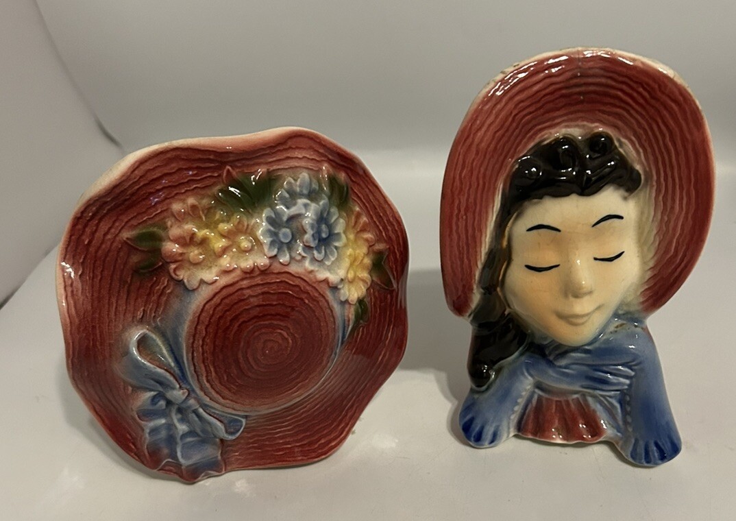 Set of 2 Royal Copley Ceramic Lady Wall Planter Hat & Head Vase 1950's
