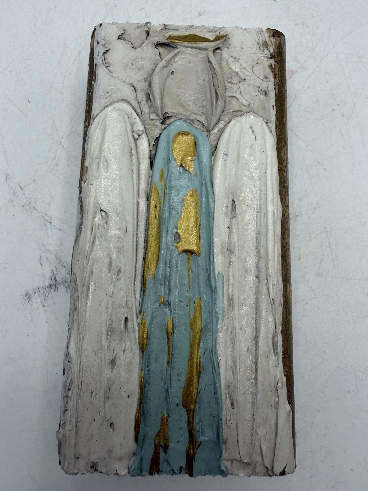 Vintage Folk Art Angel Wall Plaque Hand Painted Wood & Plaster Relief 2.5\