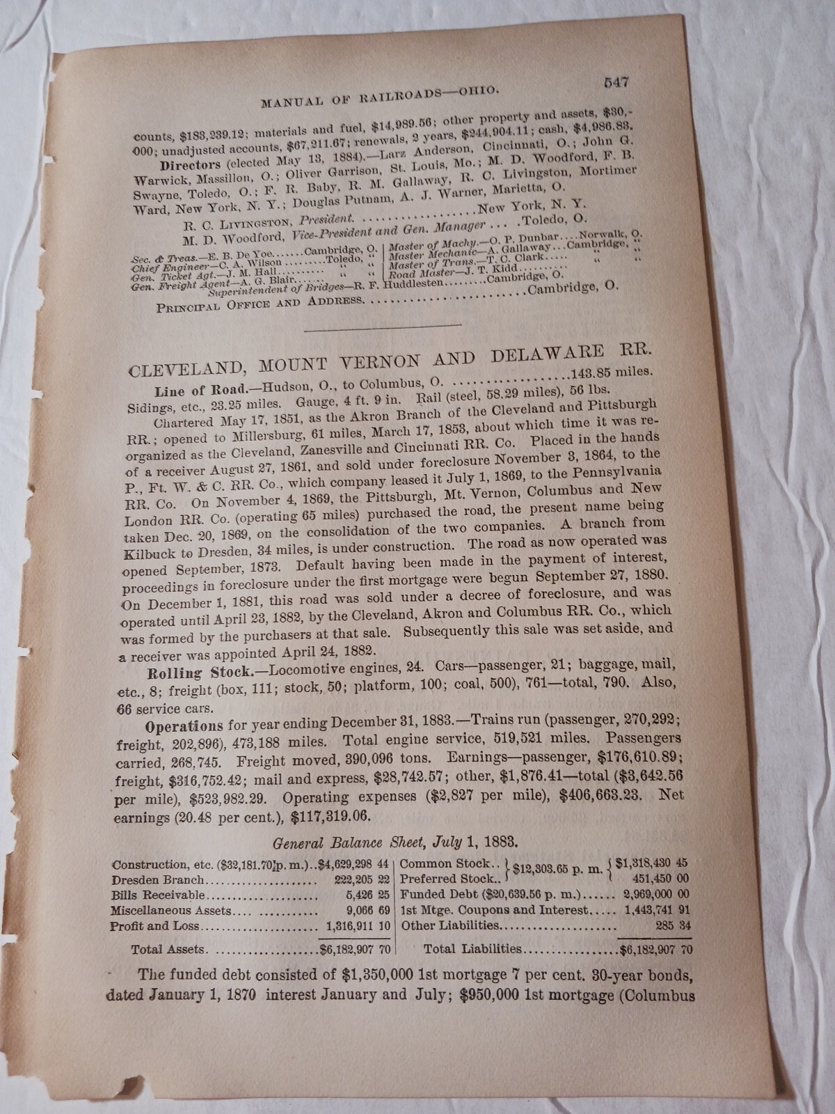 ☆1884 train report CLEVELAND MOUNT VERNON & DELAWARE RAILROAD Hudson Ohio