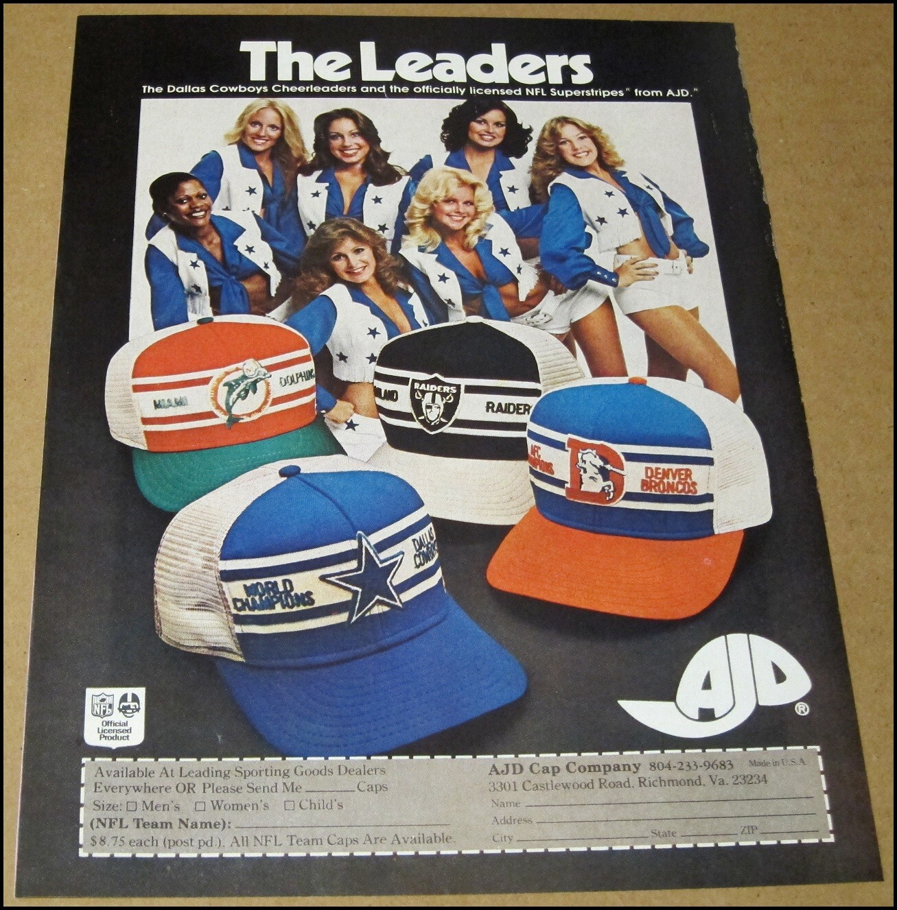 1978 AJD Cap Company Dallas Cowboys Cheerleaders Print Ad Advertisement Vintage