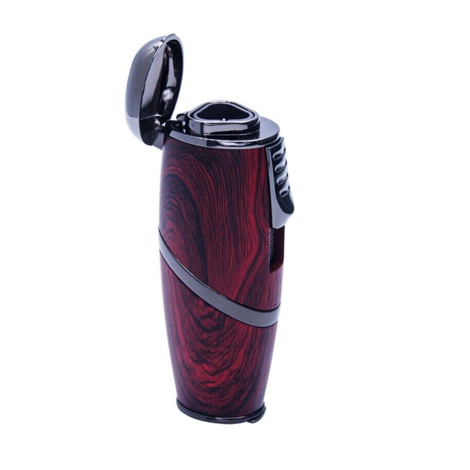 Wooden Finish Triple Jet Torch Lighter Adjustable Flame W/ Cigar Puncher Light