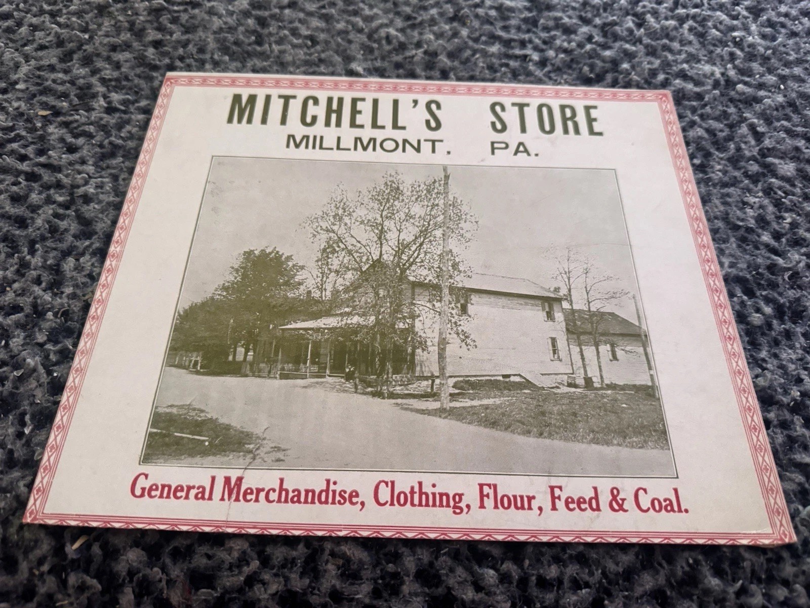 Mitchell’s Store Millmont, Pa Old Card Stock Sign 9” X 11” Reading