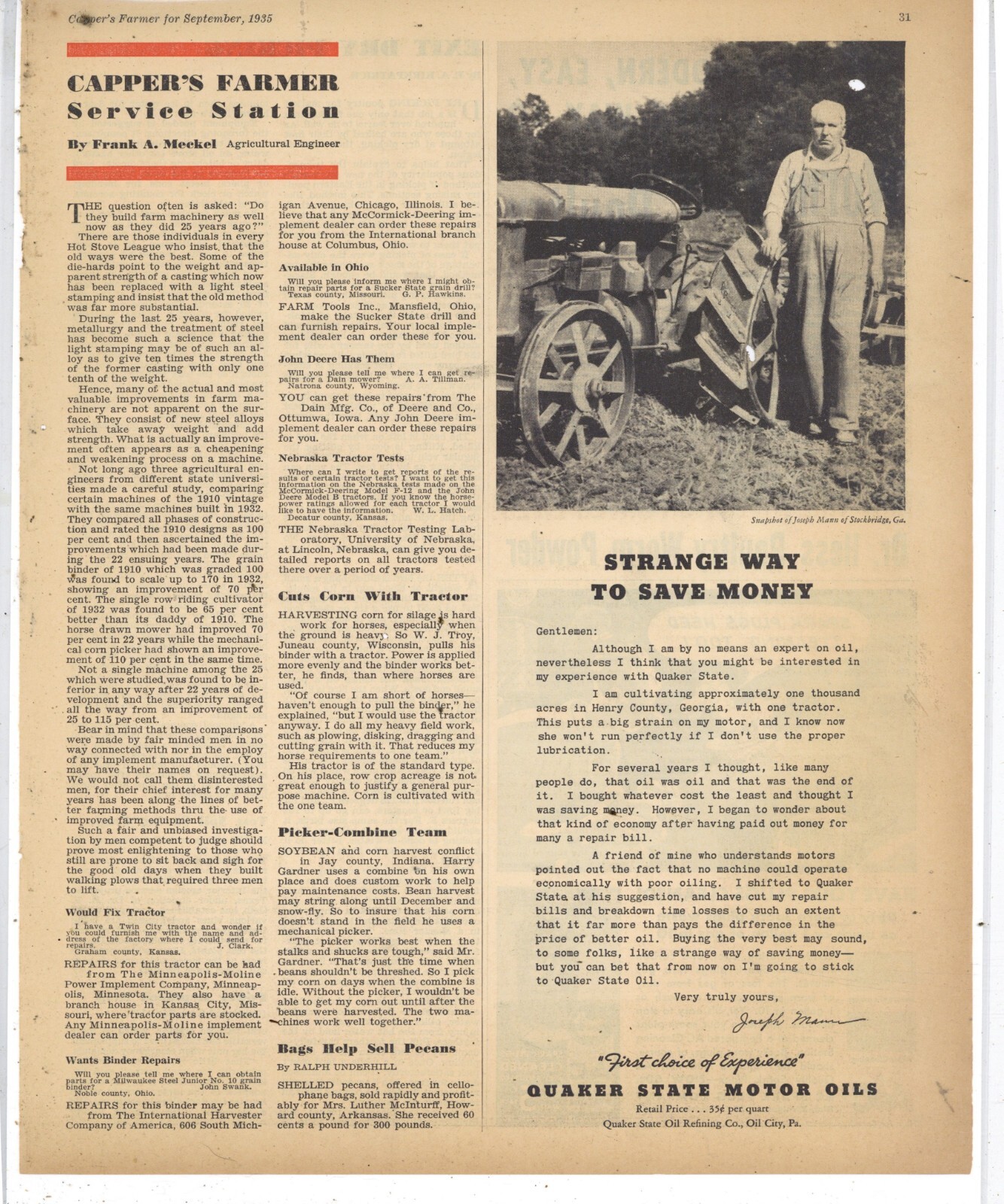 1935 Quaker State Motor Oil Ad: Joseph Mann, Stockbridge Georgia Pic & Testimony