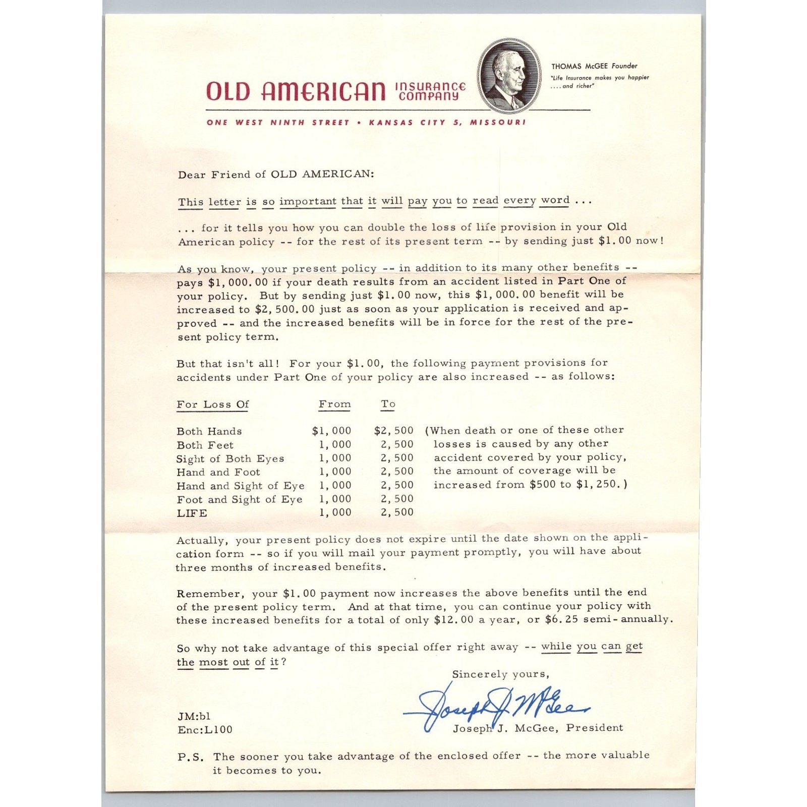 1955 Old American Insurance Co. Kansas City Ephemera Set Letter Card Envelope