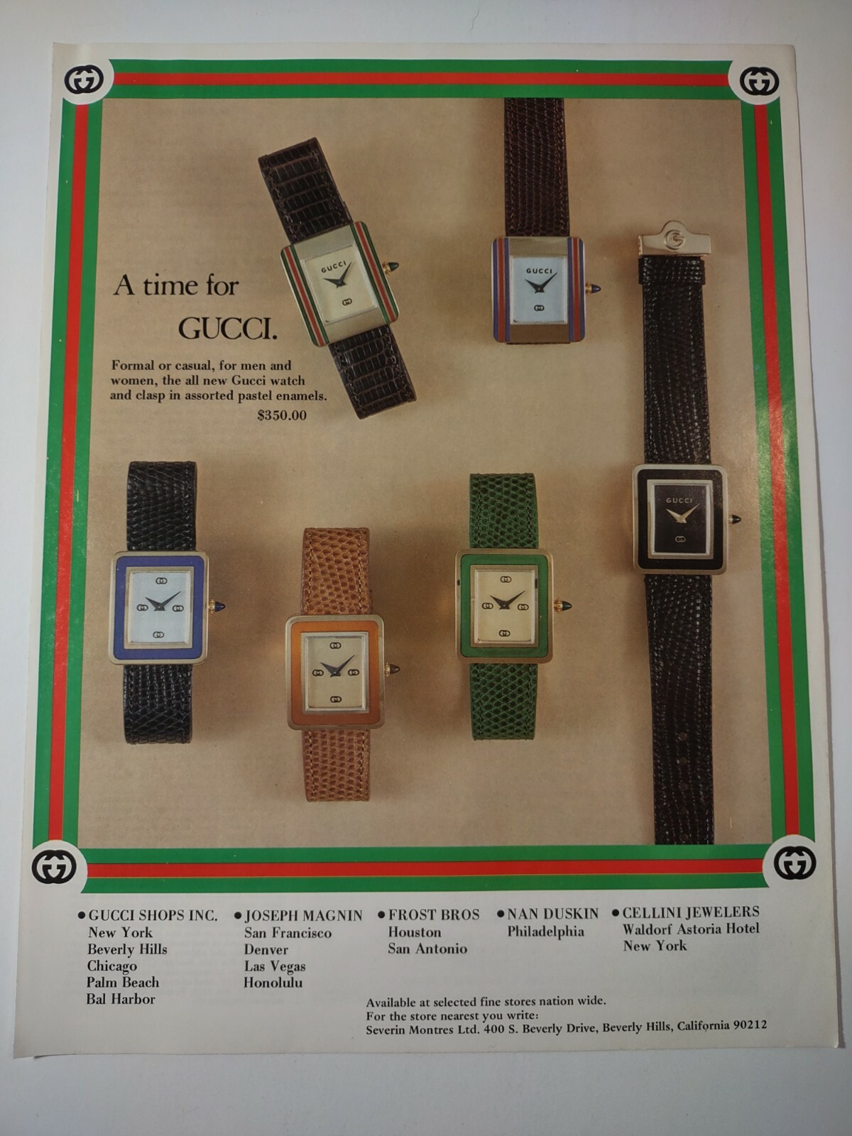 Time for Gucci Wristwatch Fashion Department Store Vintage 1980s Print Ad