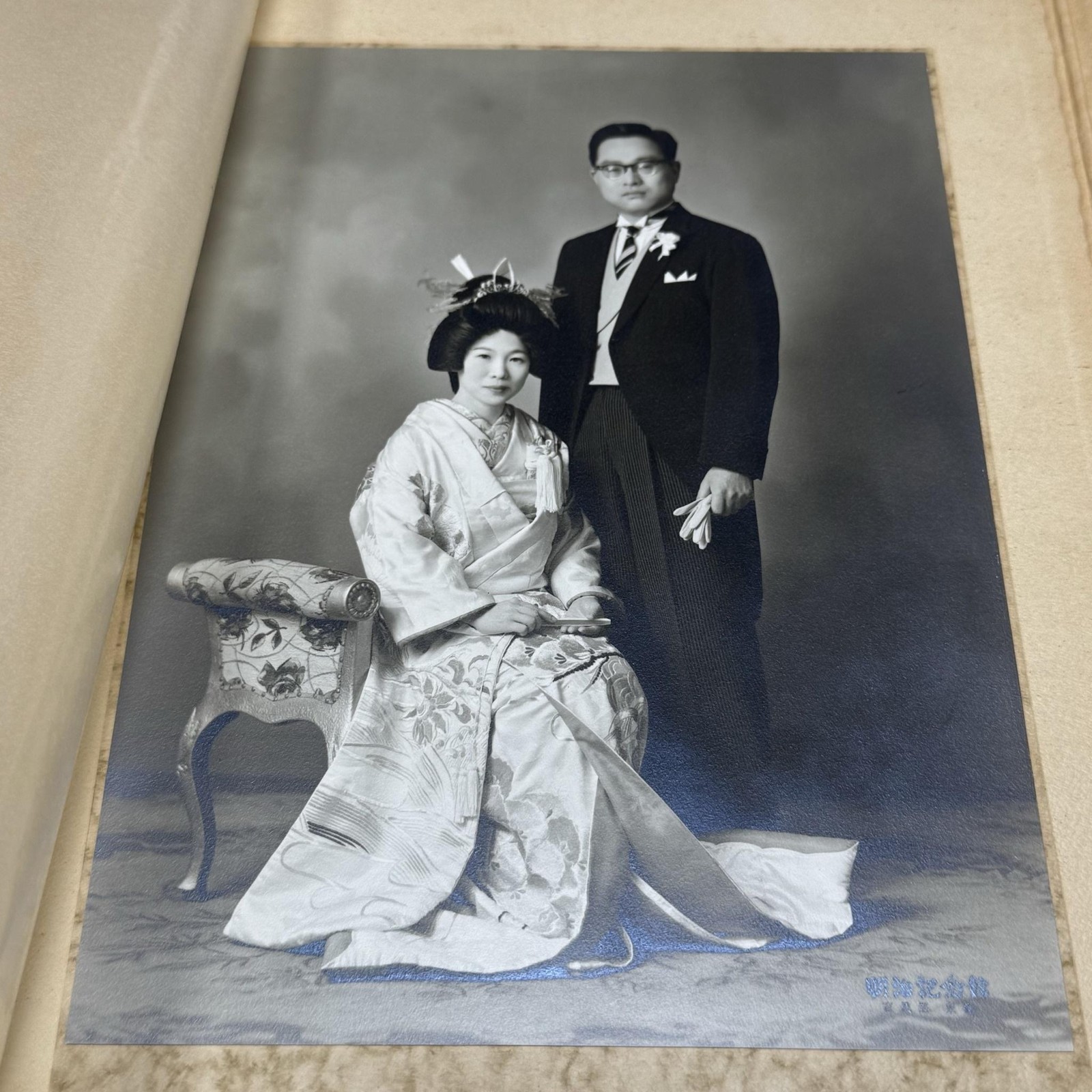 Vintage 1962 Japanese Wedding Bride Groom Portrait Photo Meiji Kinenkan B&W