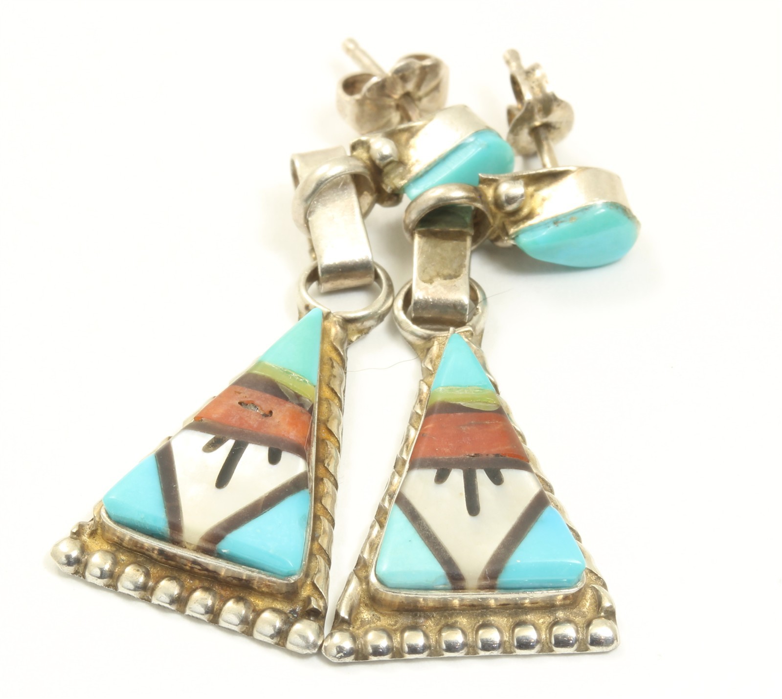 Vintage Zuni Wilson & Carolyn Niiha Sterling Silver Inlay Dangle Earrings