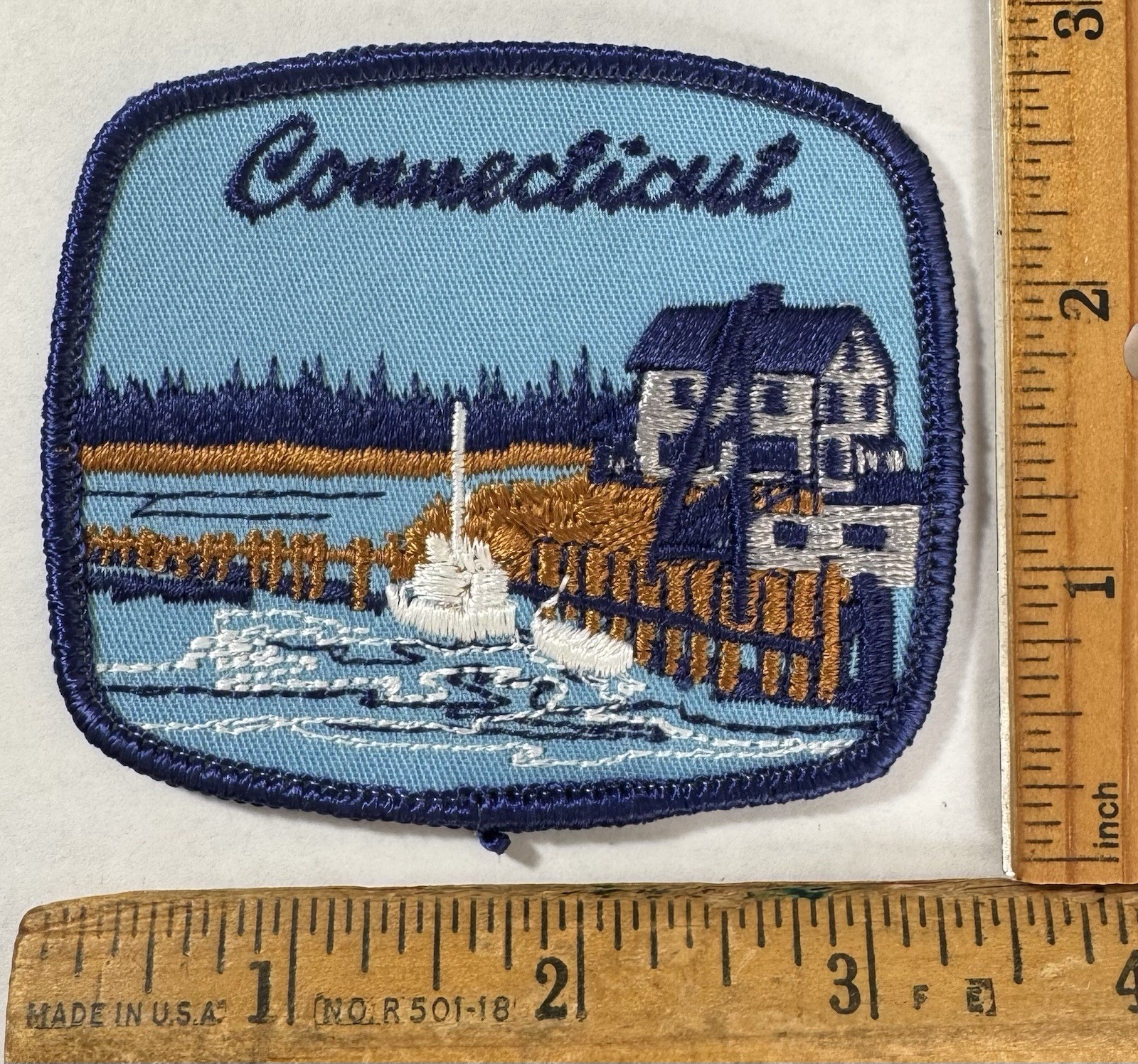 Vintage Connecticut Waterfront Scene Iron On Patch State Travel Souvenir