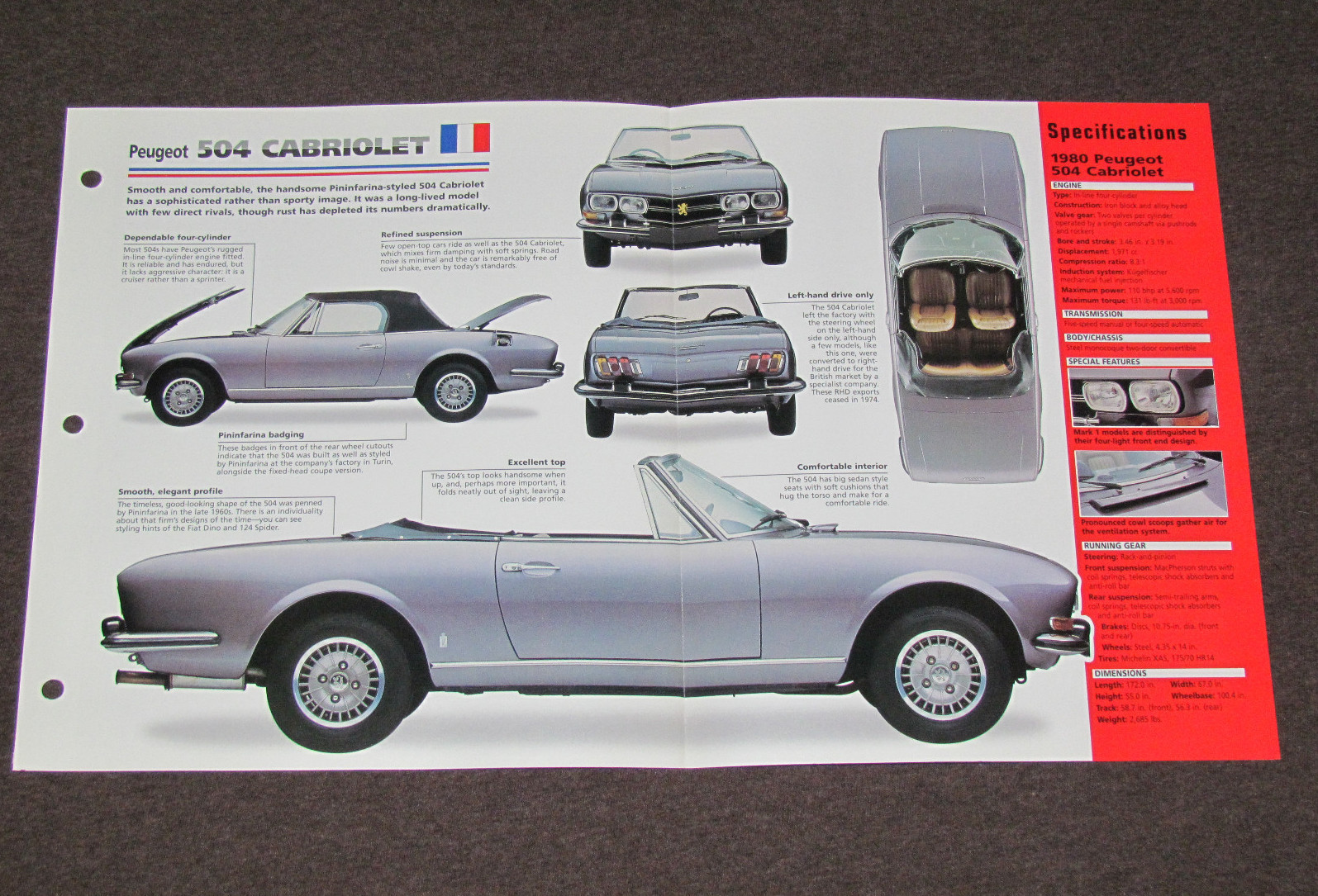 1969-1983 PEUGEOT 504 CABRIOLET (1980) Car SPEC SHEET BOOKLET PHOTO BROCHURE