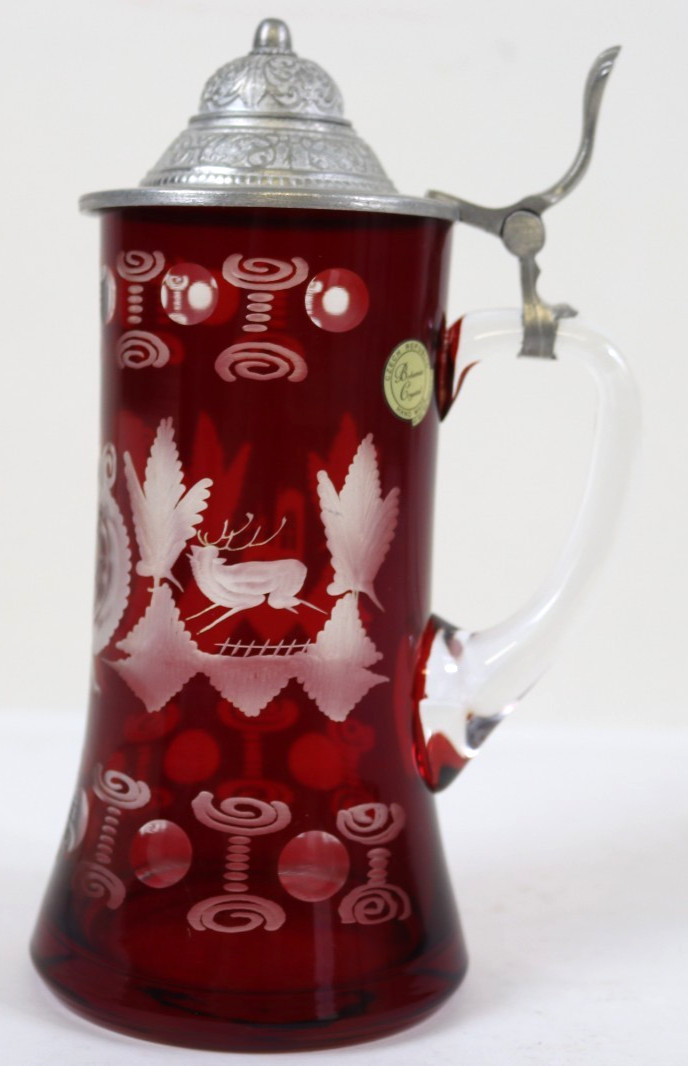 Vintage Bohemian Czech Ruby Cut To Clear Glass Beer Stein w/Lid & Leaping Deer