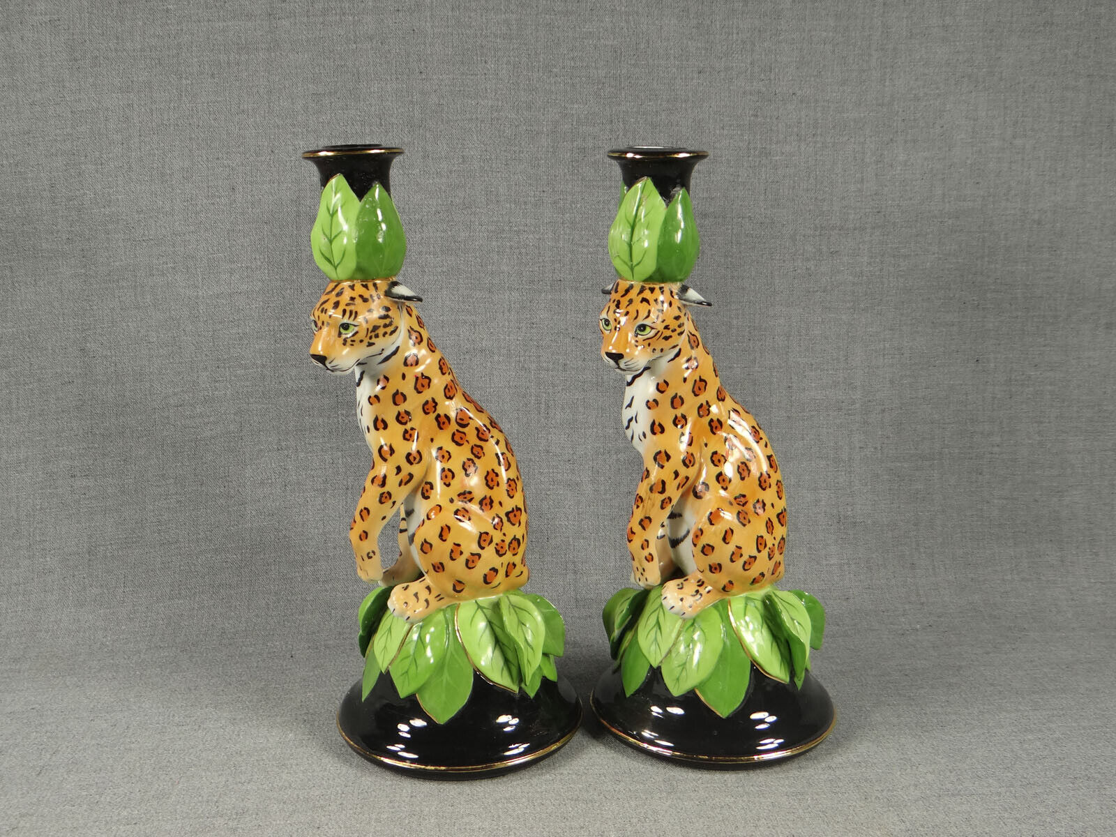 Pair of LYNN CHASE Porcelain JAGUAR JUNGLE Figural Wild Cat Candlesticks 1991