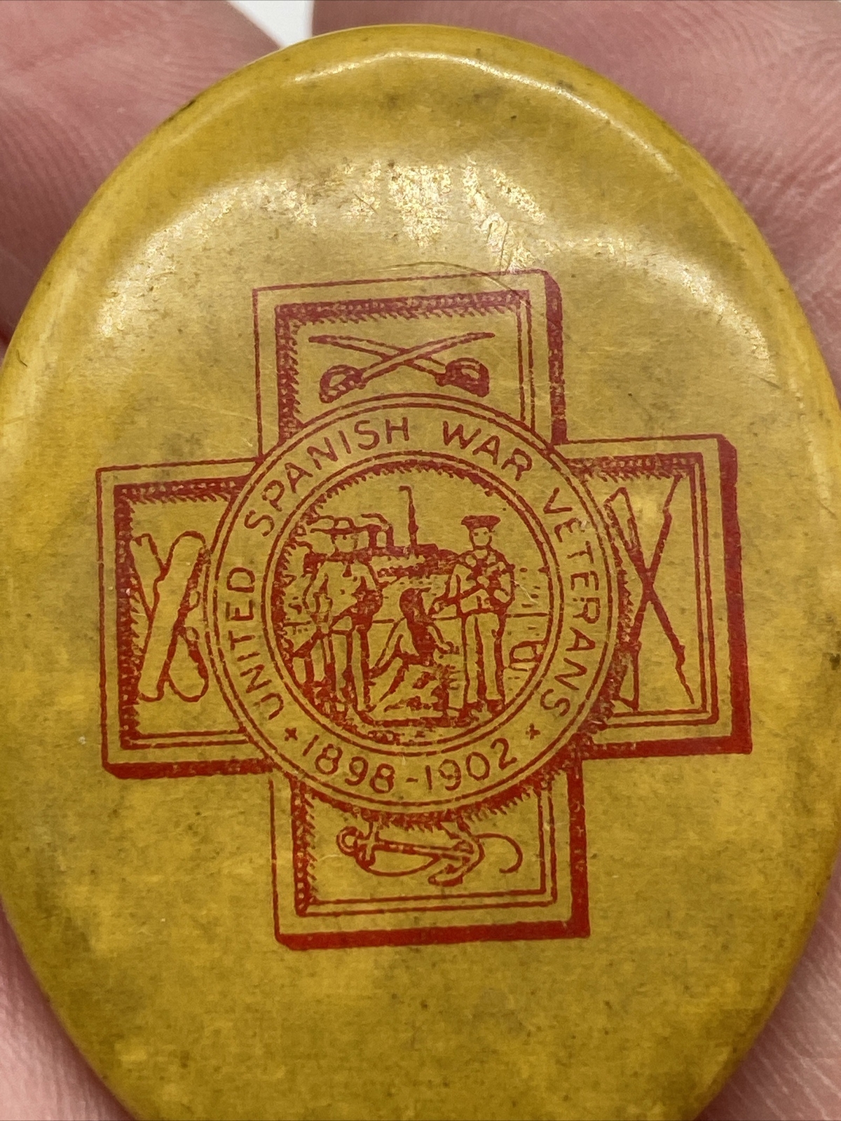 Antique Oval USWV United Spanish War Veterans Celluloid Pin Whitehead Hoag