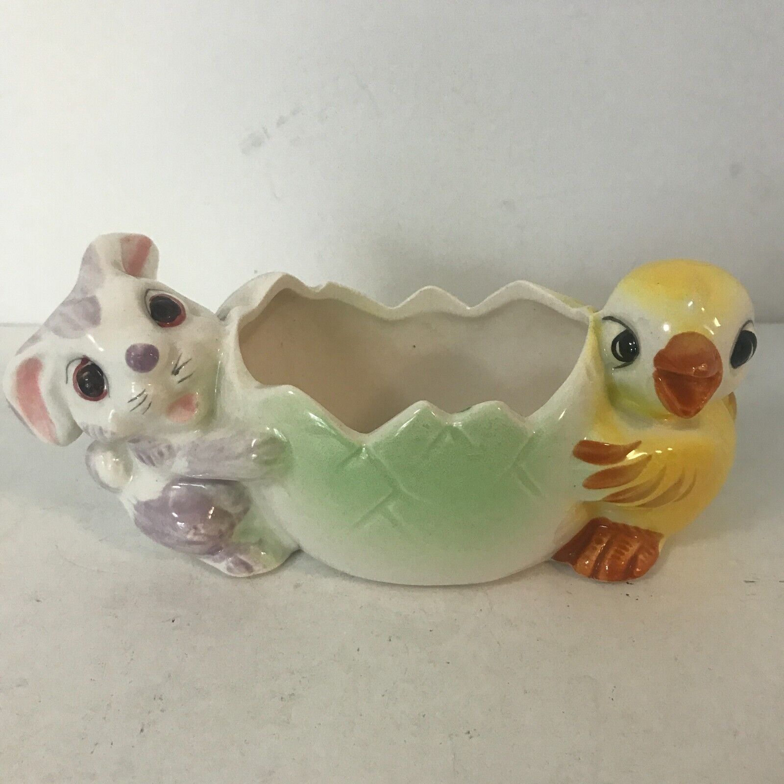Vintage Bunny and Chick Ceramic Planter 6.5x2.5\