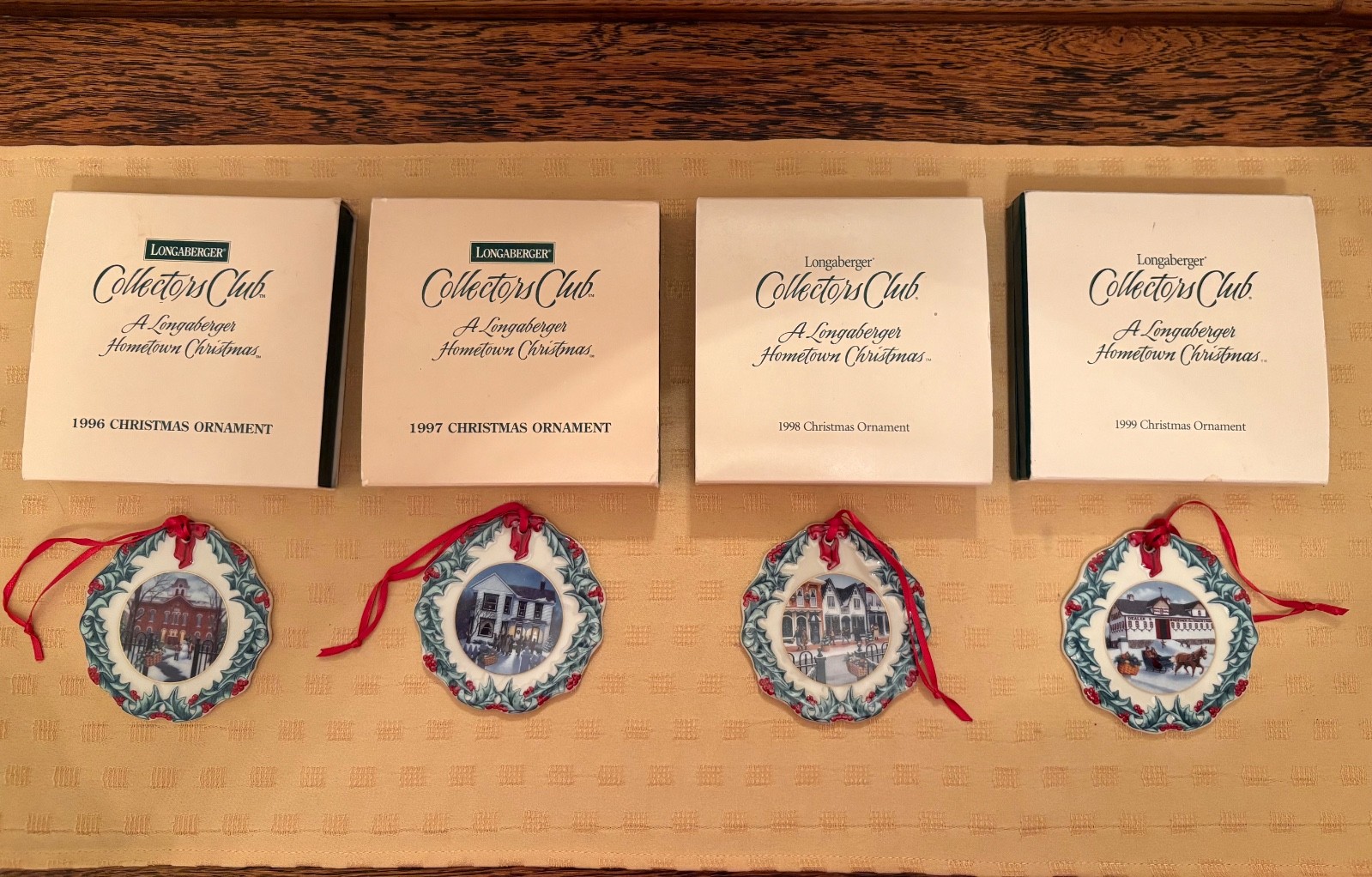 4 MINT LONGABERGER ORNAMENTS HOMETOWN CHRISTMAS 1996,1997,1998,1999