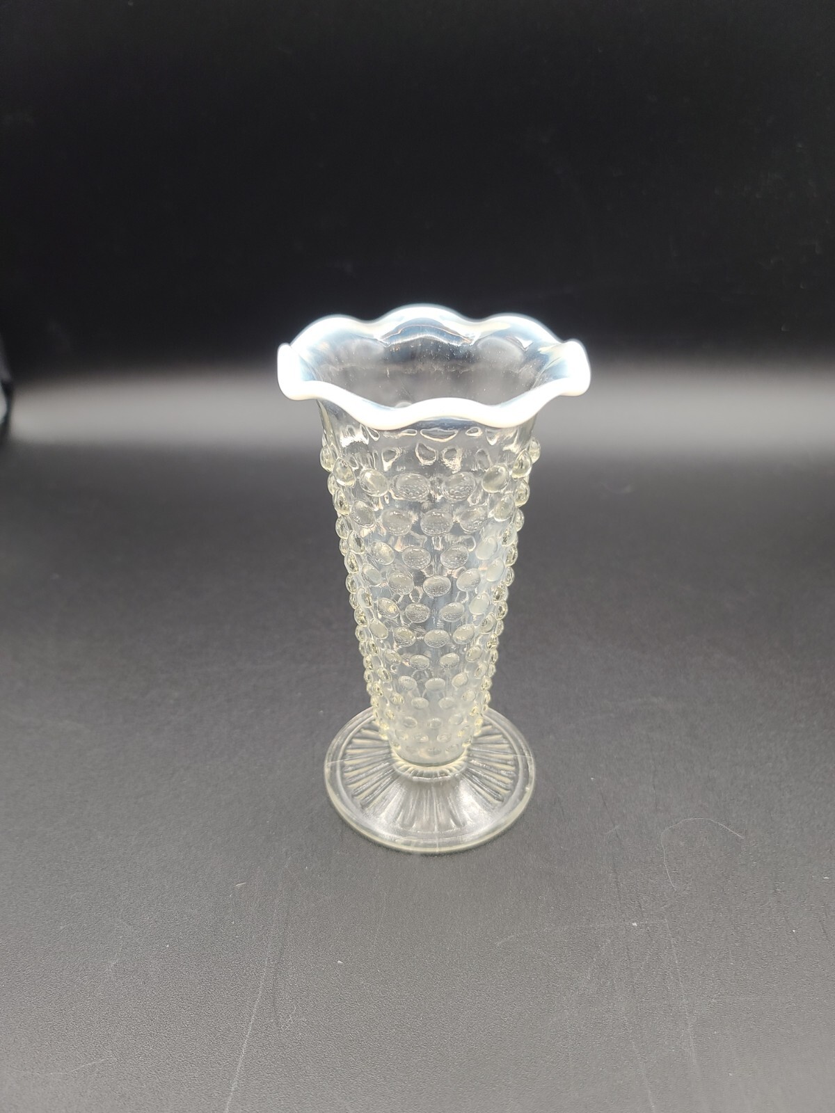 Anchor Hocking Hobnail - White Opalescent Moonstone - Ruffled Small Trumpet Vase Anchor Hocking Hobnail - White Opalescent Moonstone - Ruffled Small Trumpet Vase