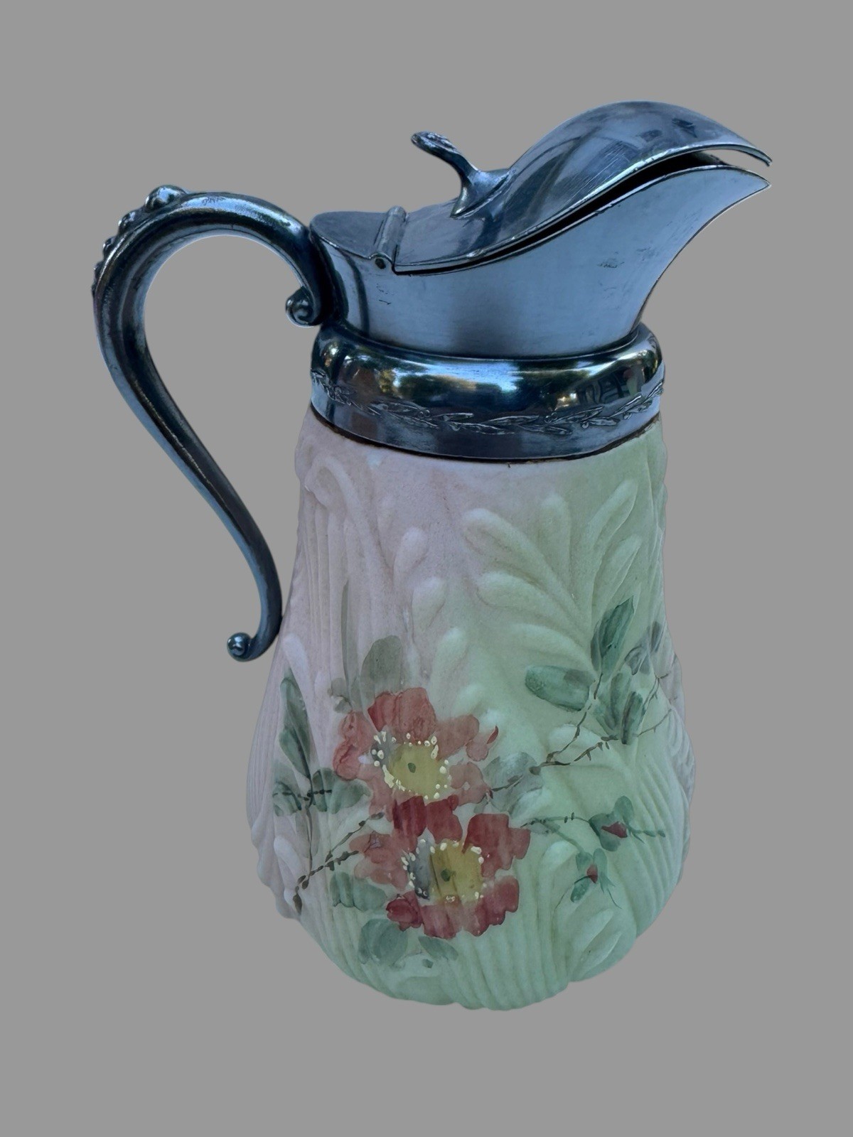 Antique Victorian Art Glass Syrup Pitcher Hand Painted Floral Pewter Lid 6”