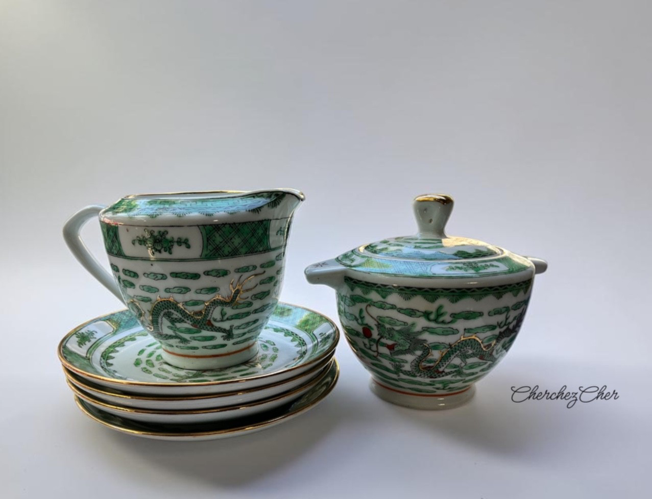 Vtg Chinese Guangcai Canton Green Dragon Tea Set Plates Creamer Sugar