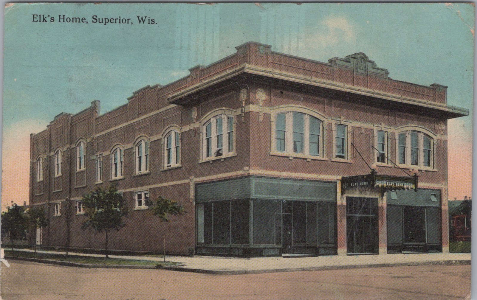 Elk\'s Home Superior Wisconsin WI Elks Lodge Street Scene Postcard