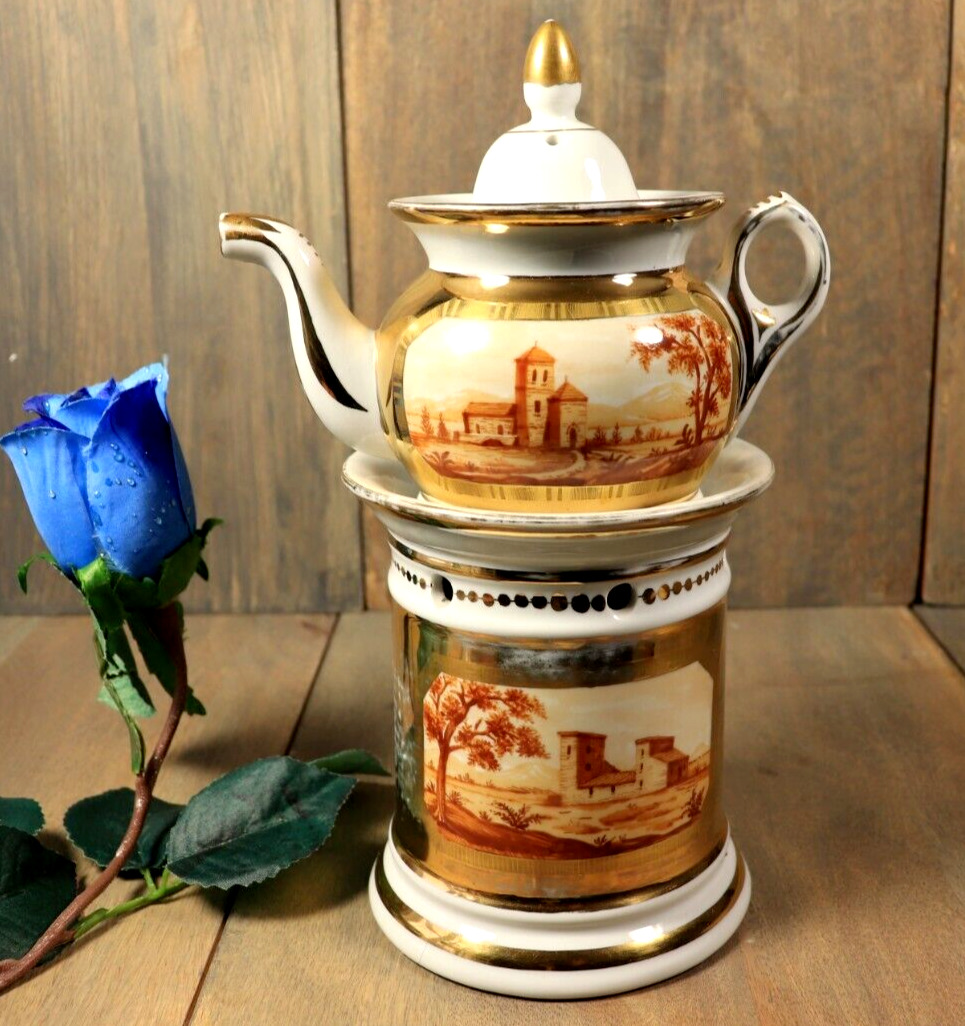Antique French Old Paris Porcelain Tea Pot Tisaniere Hand Painted Empire Style