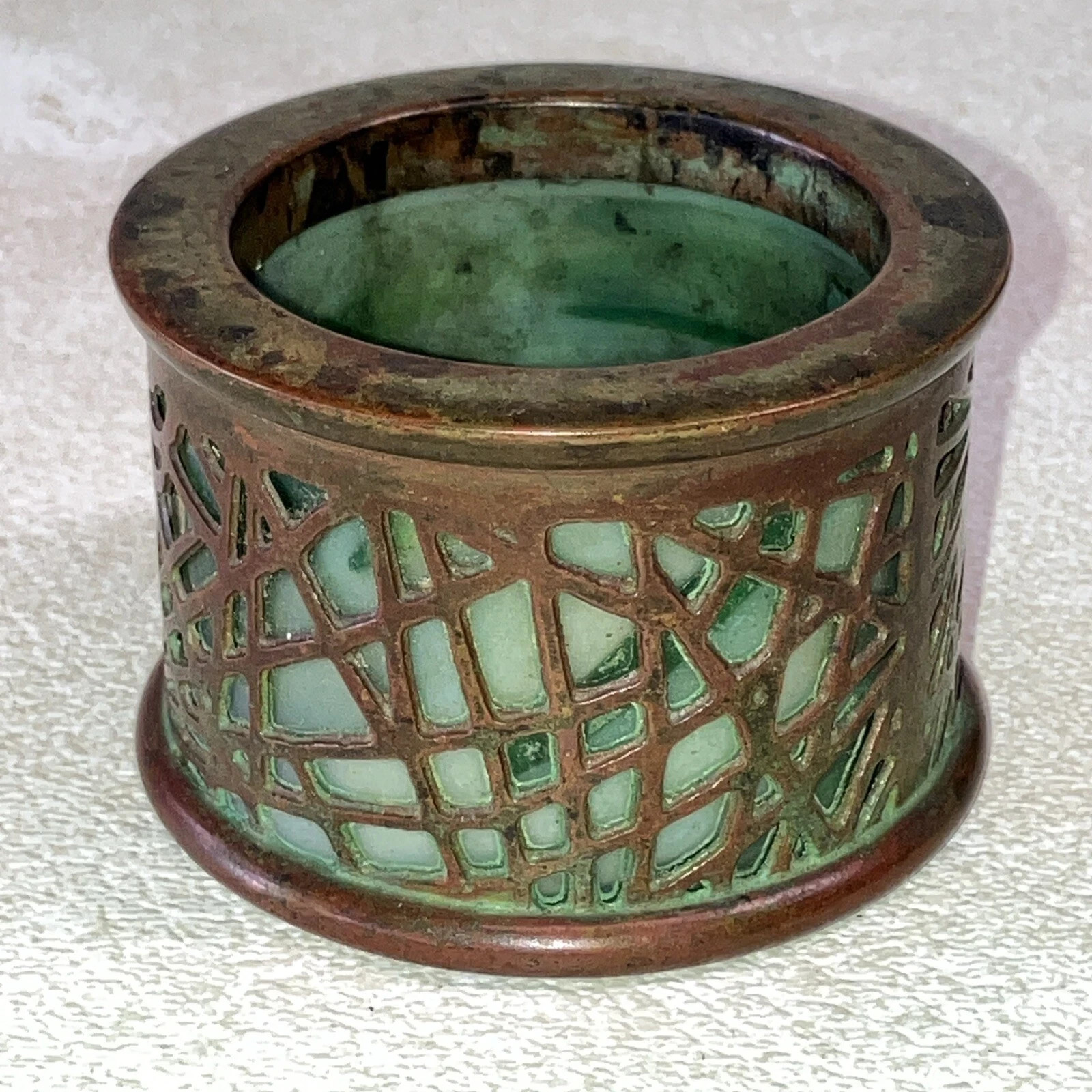 Rare, Antique Tiffany Studios New York Bronze Green Favrile Art Glass Round #981