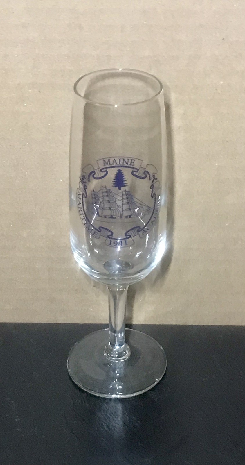 Vintage Glass Champagne Flute Maine Maritime Academy 1941 Schooner Crest Decor