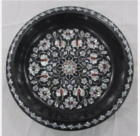 14\'\' black Marble Dry Fruit Bowl plate Inlay Marquetry mop kitchen Table Decor