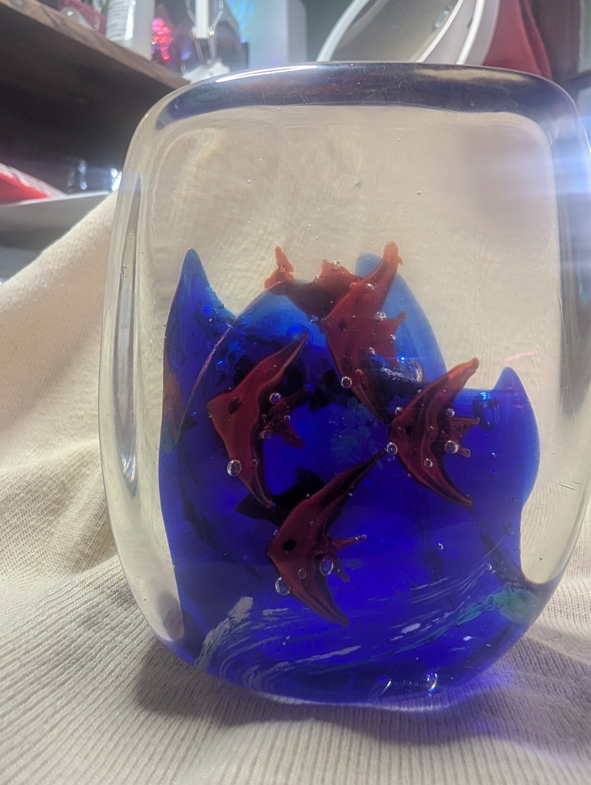 Vintage Murano Style Art Glass Aquarium Paperweight Angelfish Double Sided