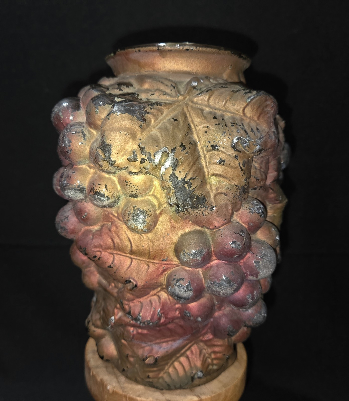 Antique Goofus Glass Vase Gaudy Grape Relief Northwood Indiana Pressed Gold Ruby