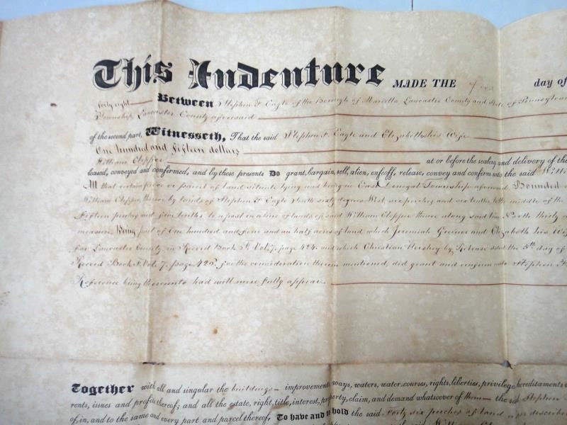 1848 antique DEED STEVEN EAGLE marietta WM.CLEPPER east donegal lancaster pa