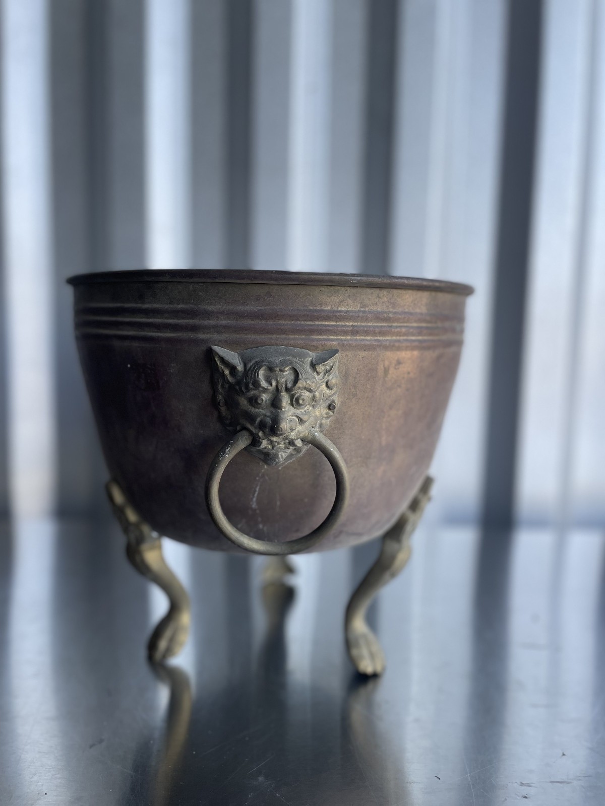 Vintage Victorian Lions Head Ring Handles Clawfooted Brass Cauldron Planter Pot