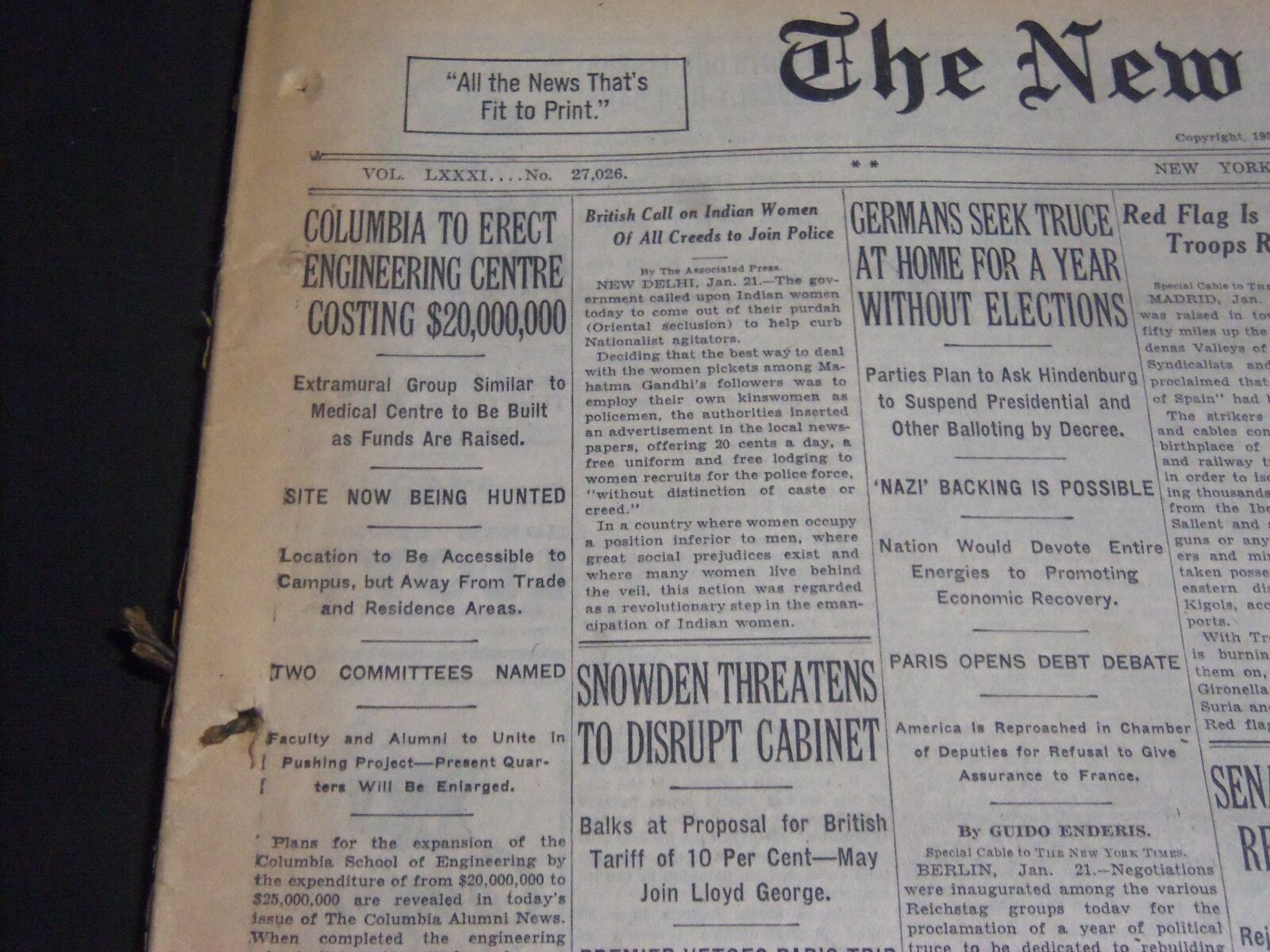 1932 JANUARY 22 NEW YORK TIMES - COLUMBIA TO ERECT ENGINEERING CENTRE - NT 6688