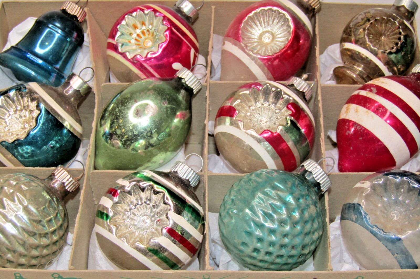 Lot VTG Glass Indent GOLF BALL BELL LANTERN DROP Christmas Ornaments Shiny Brite