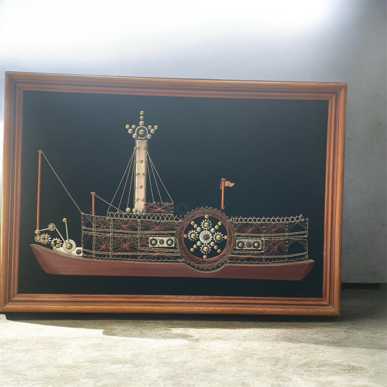 VINTAGE FRAMED STEAMBOAT STRING ART ON BLACK VELVET 25.5 X 17.5” MCM VINTAGE FRAMED STEAMBOAT STRING ART ON BLACK VELVET 25.5 X 17.5” MCM