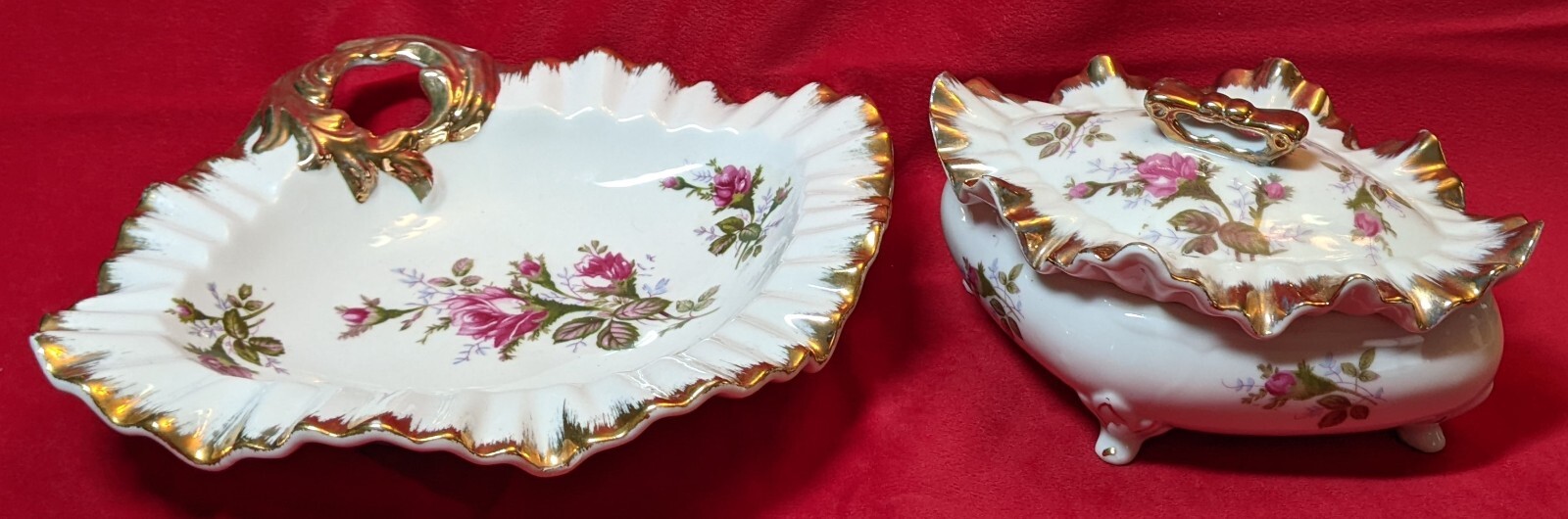 2 Pc Pink Moss Rose Gold Ruffled Edge - Candy Dish & Footed Trinket Dish w/Lid