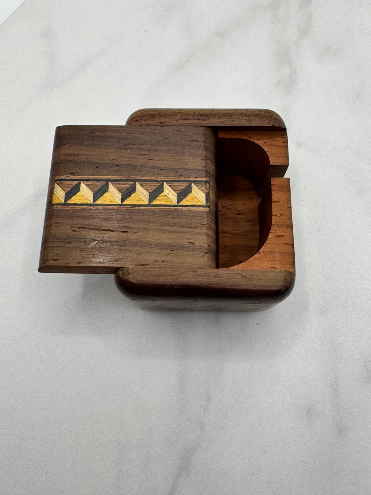 Vintage Handmade Heartwood Creations Postage Stamp Dispenser Sliding Inlaid Lid