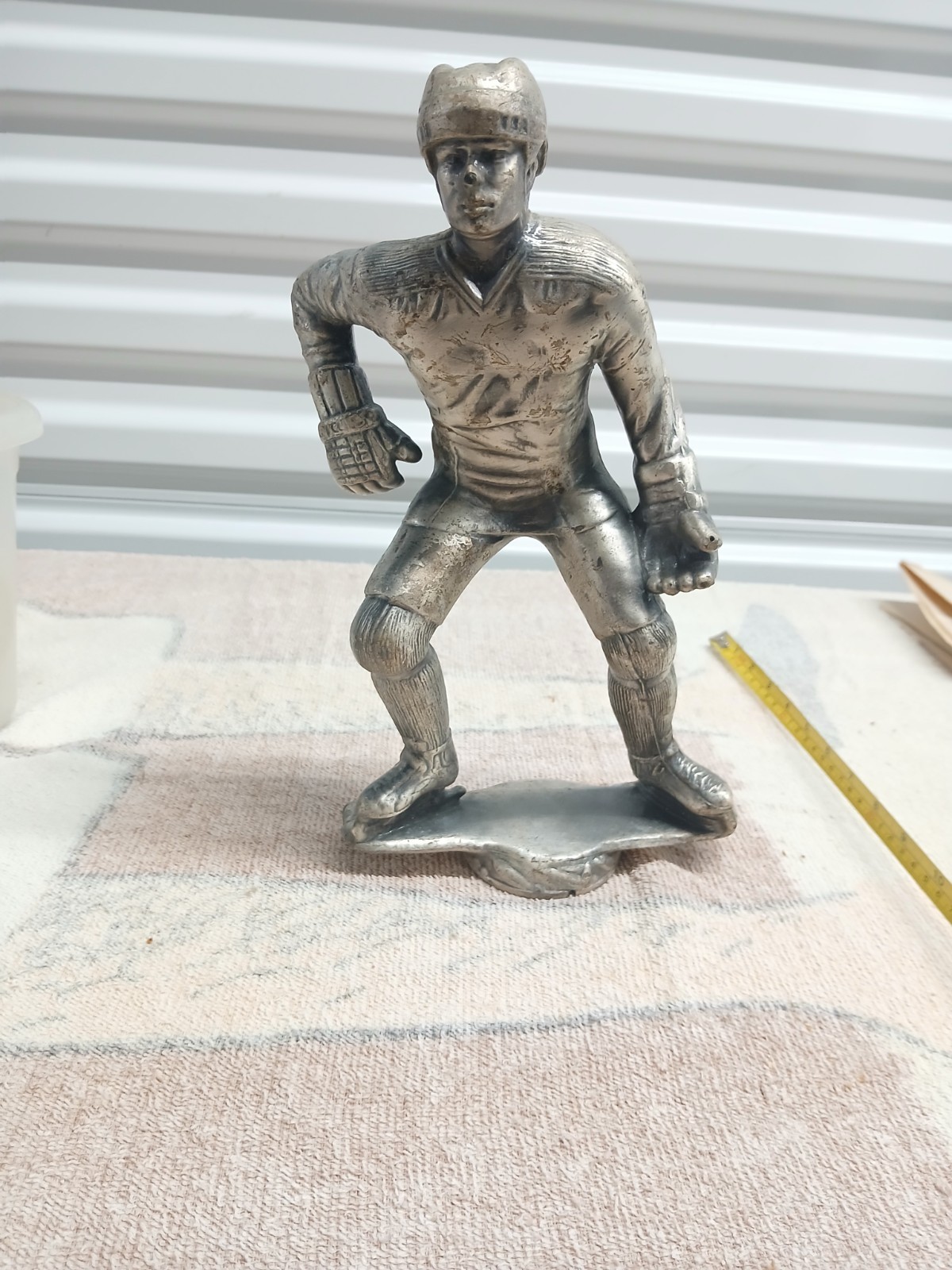 Vintage Silver Toned Heavy Metal Hockey Player Statue 11\