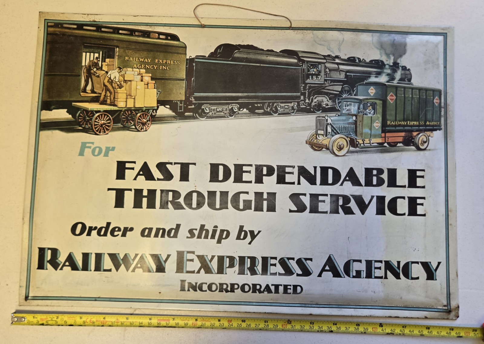 VINTAGE RAILWAY EXPRESS AGENCY TIN SIGN Early 1900s. TRAIN COOL 19x13 