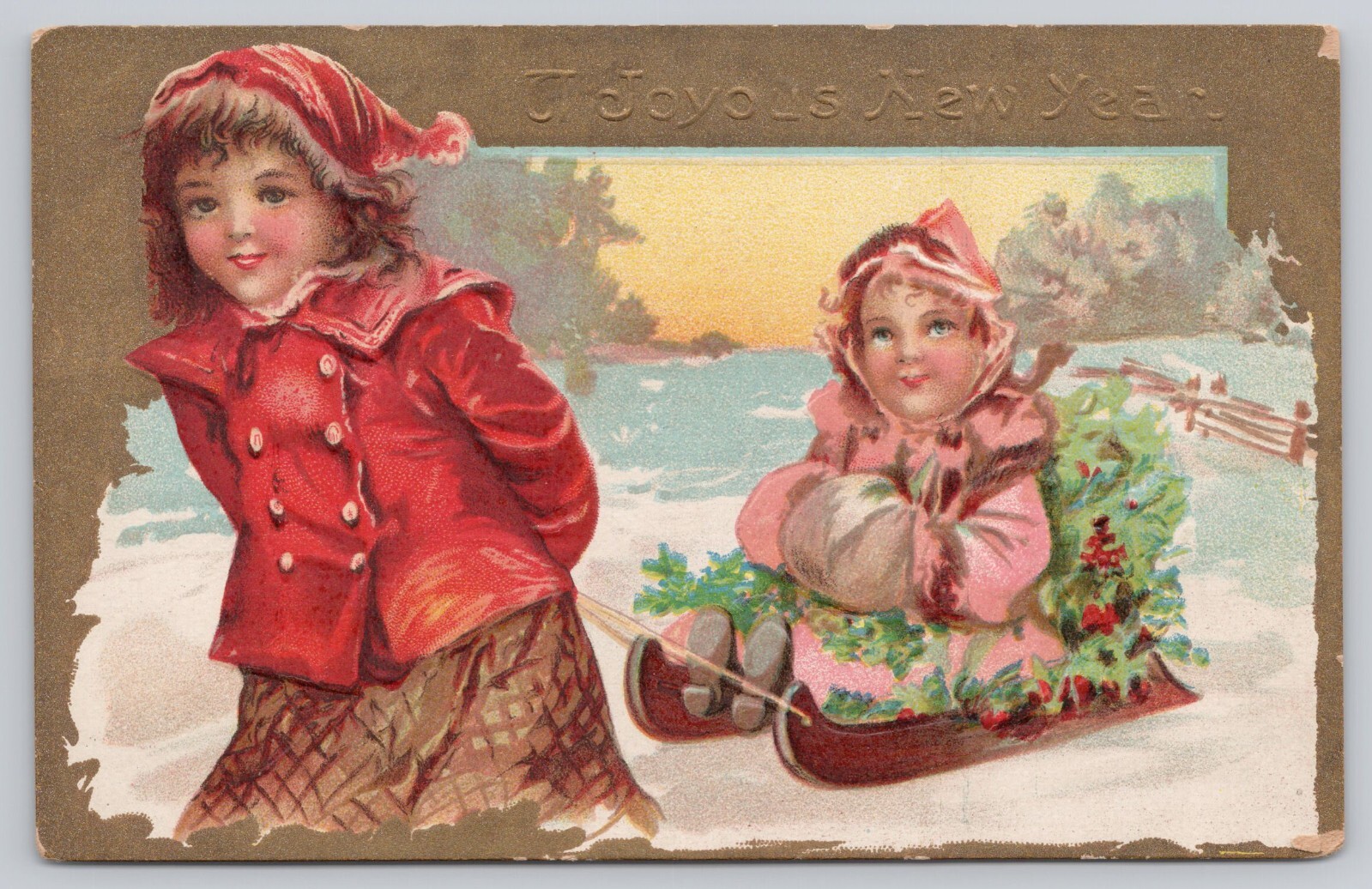 Vtg/Atq Embossed Post Card The Joyous New Year Girls With Sled Winter Scene K365