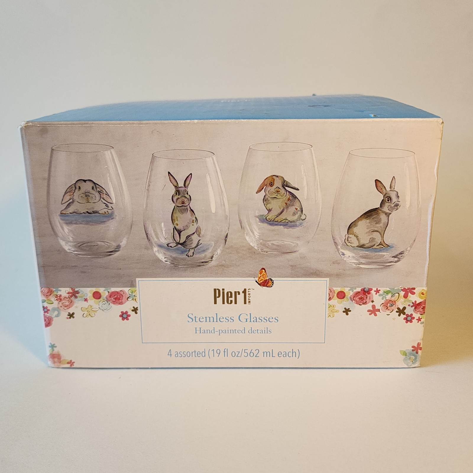 Pier 1 Imports Gray Bunnies Hand-Painted Stemless Glasses Set of 4 NEW in Box