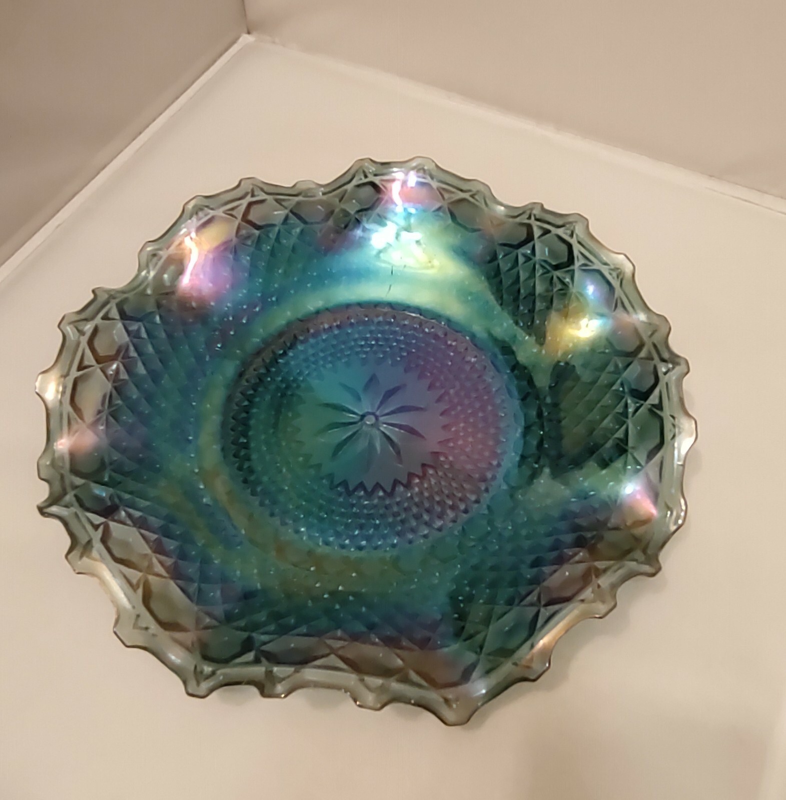 Vintage Carnival Glass Iridescent  Ruffled Edges Console Dish by Indiana Glass