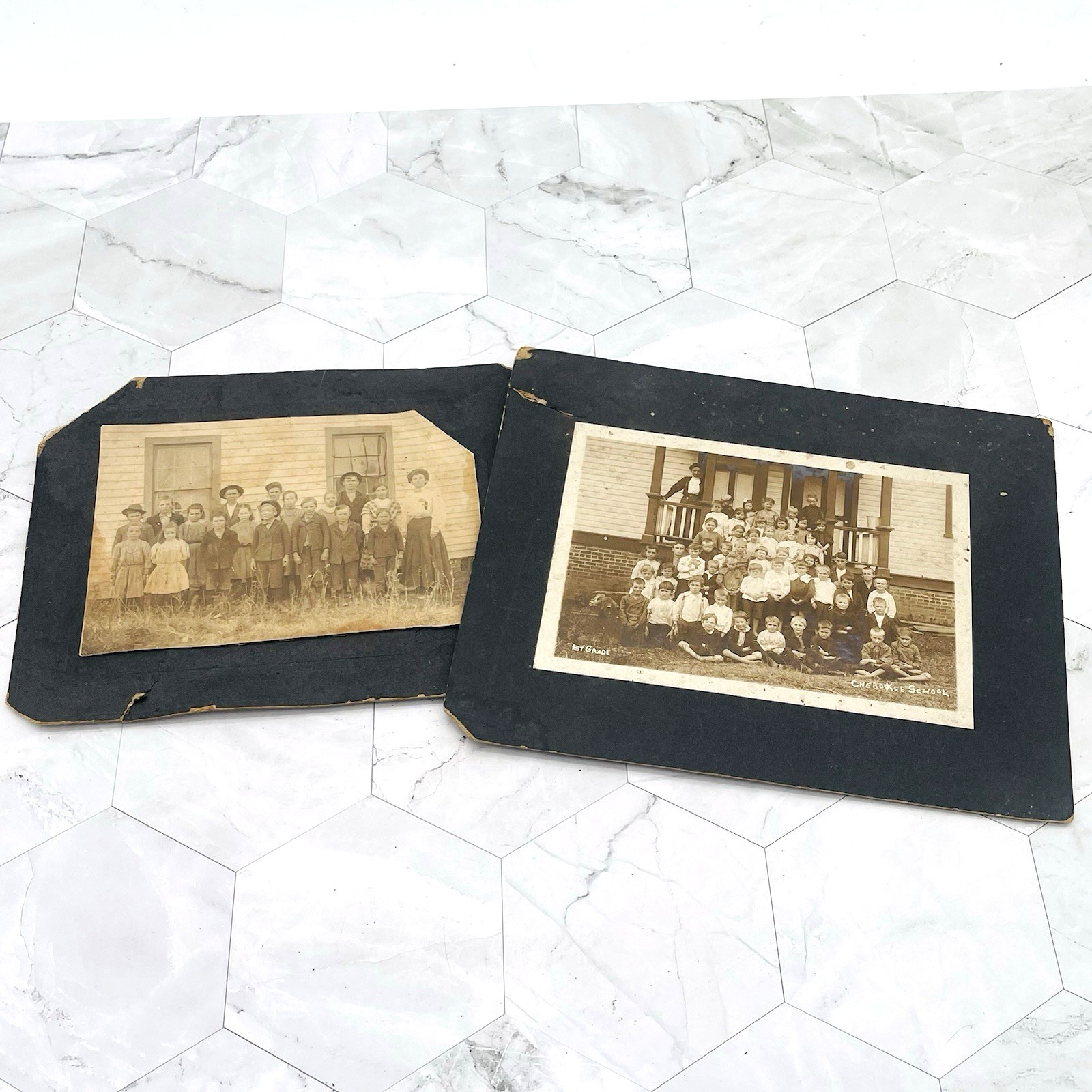 2 Vtg Atq 1900s Matted School Class Photos 1st Grade Cherokee NC & Unidentified