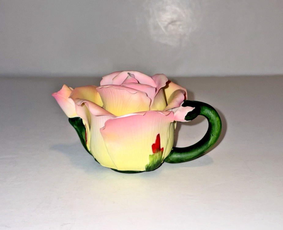 Vtg Cosmos Gifts Porcelain Peace Rose Mini Teapot Figurine Trinket Box 3D Flower