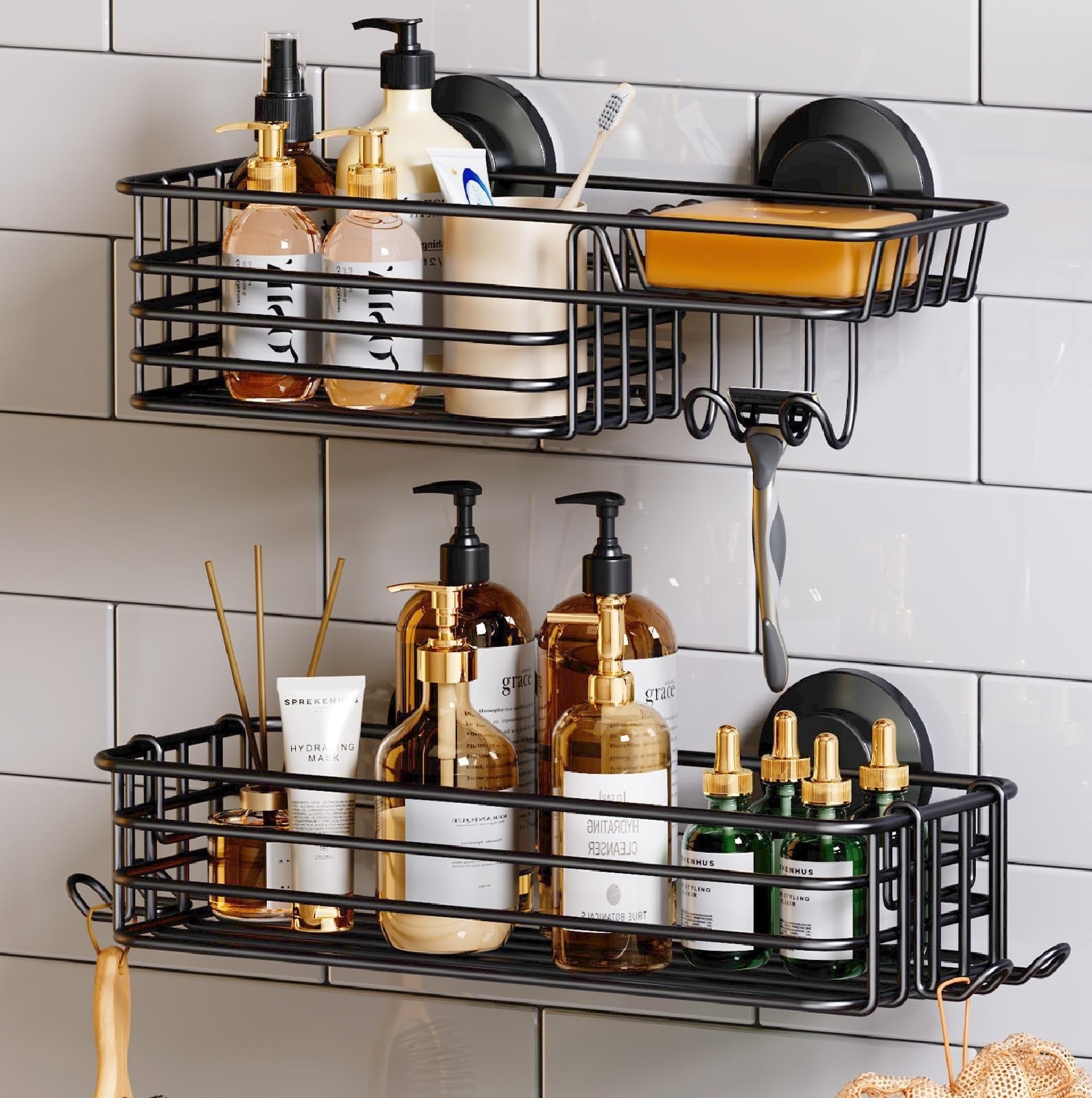 TAILI Shower Caddy Suction Cup 2 Pack with Hooks & Soap holder, Heavy Duty Sh...