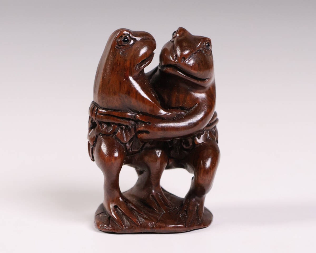 Vintage Wooden Netsuke Frog Sumo Wrestler Signed Tadamori Sculpture