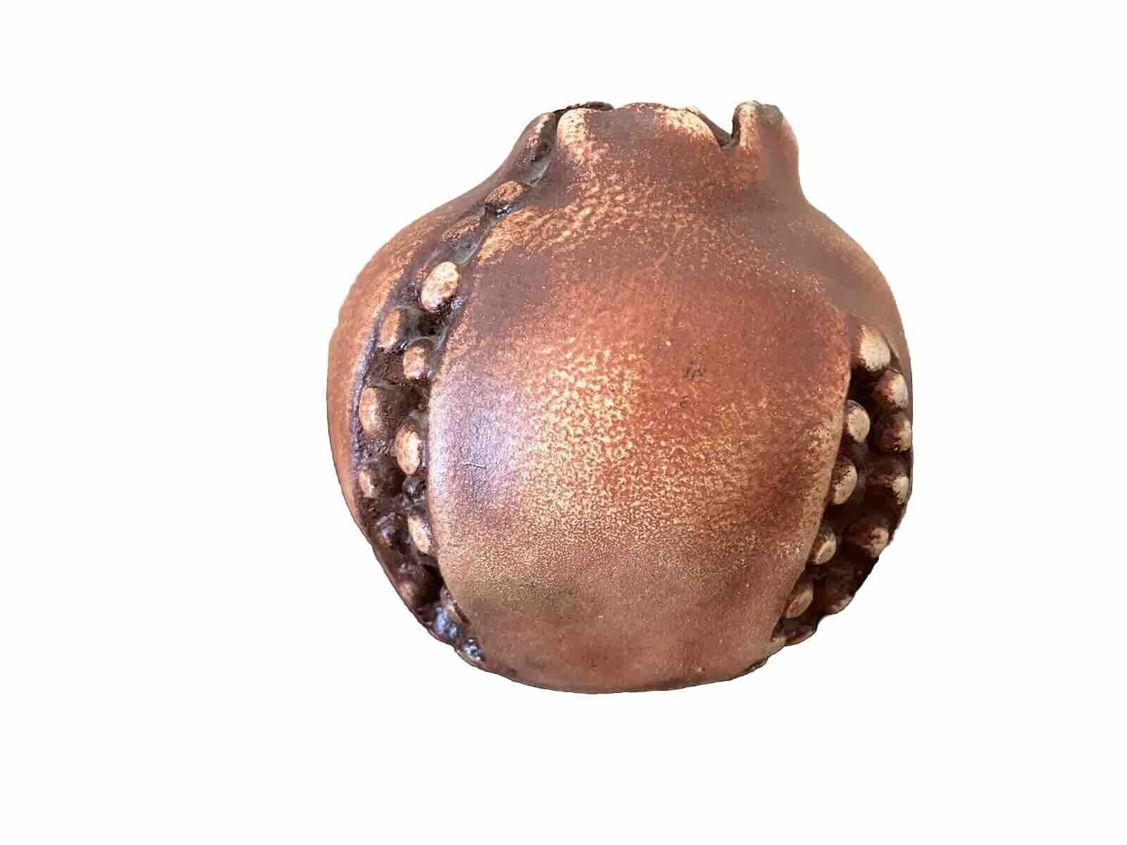 Handmade Art Pottery Brown Pomegranate Sculpture Unsigned 4.5” x 4” MINT