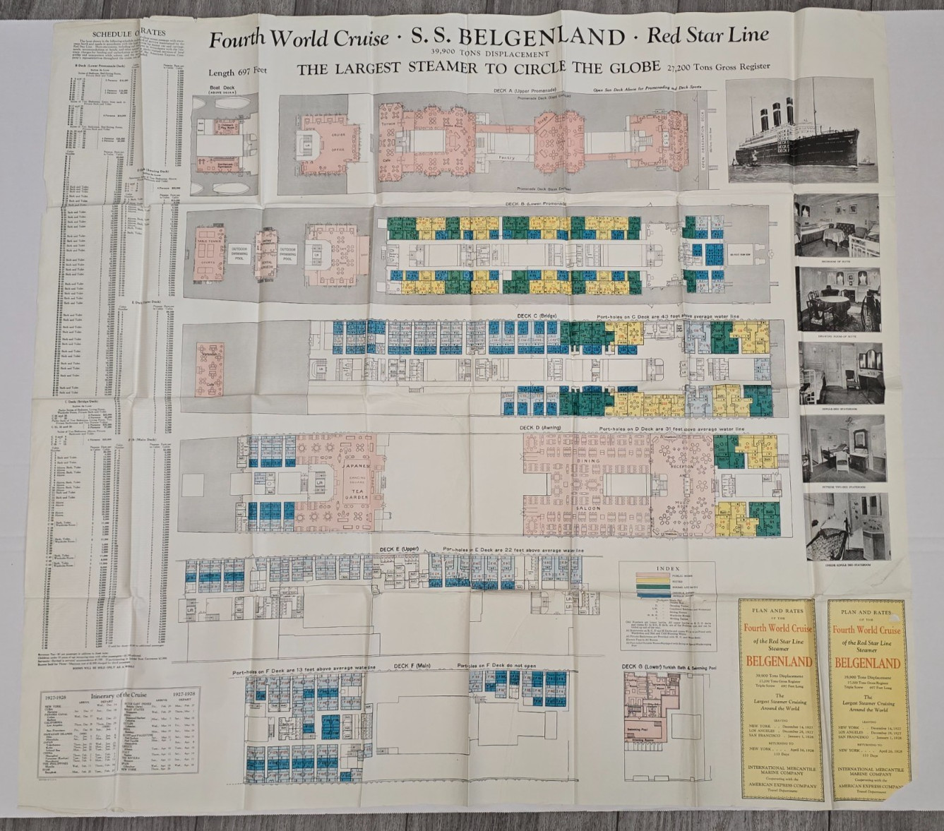 1927-28 SS Belgenland Ship Fourth World Cruise Red Star Line Deck Plan 42x36