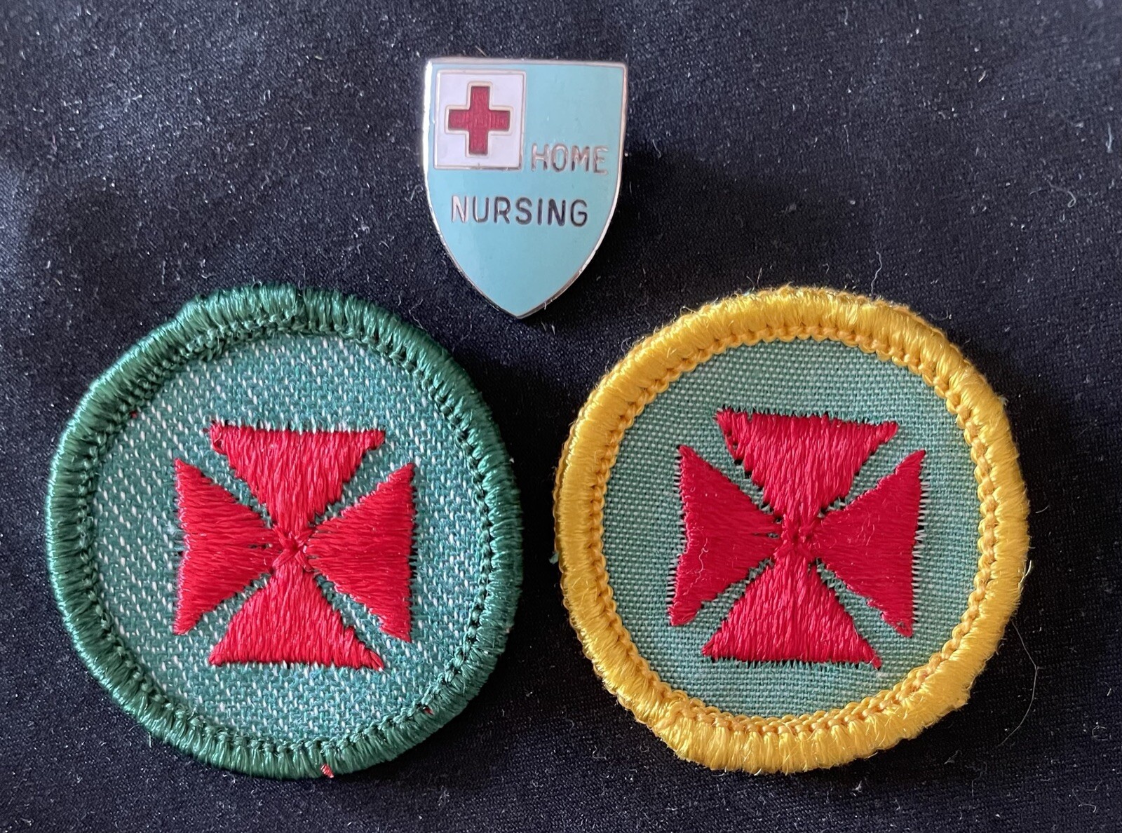 REDUCED 3 VINTAGE GIRL SCOUT-FIRST AID BADGES, RED CROSS HOME NURSING PIN