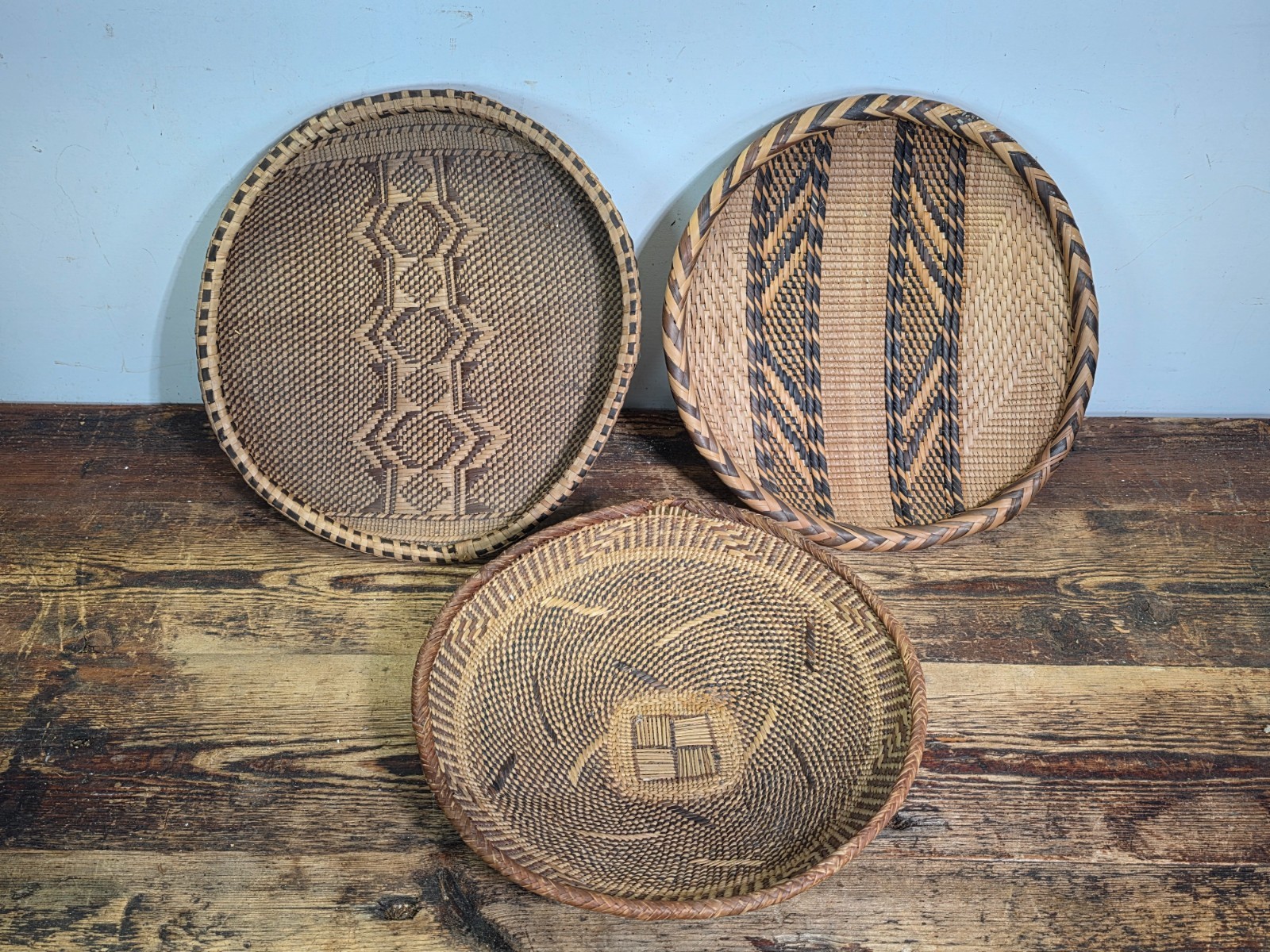 Vintage 3pc  Tonga Binga Basket Set African Wall Decor Boho Woven Winnowing Tray