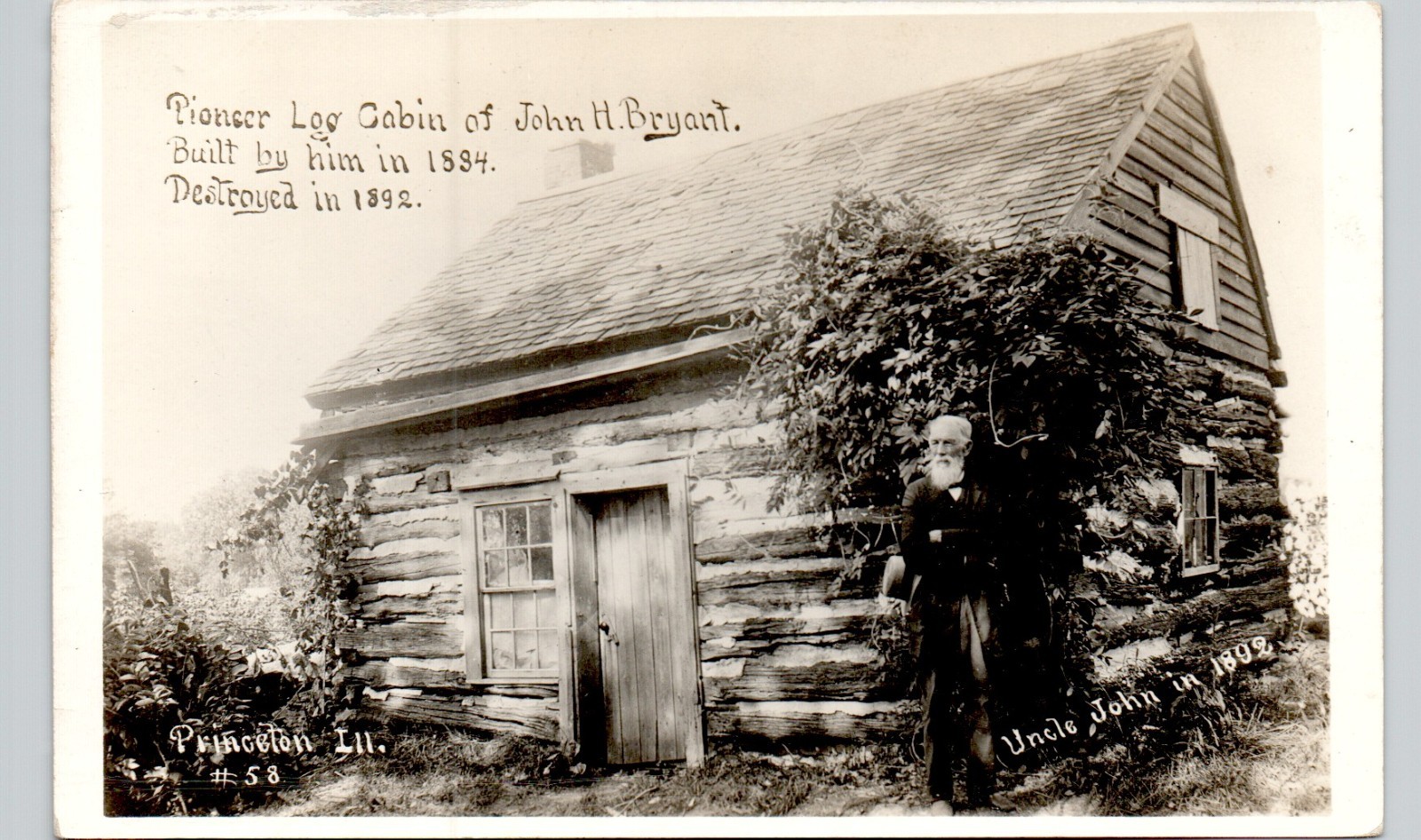 PIONEER LOG CABIN princeton il c1900 postcard illinois real photo rppc bryant
